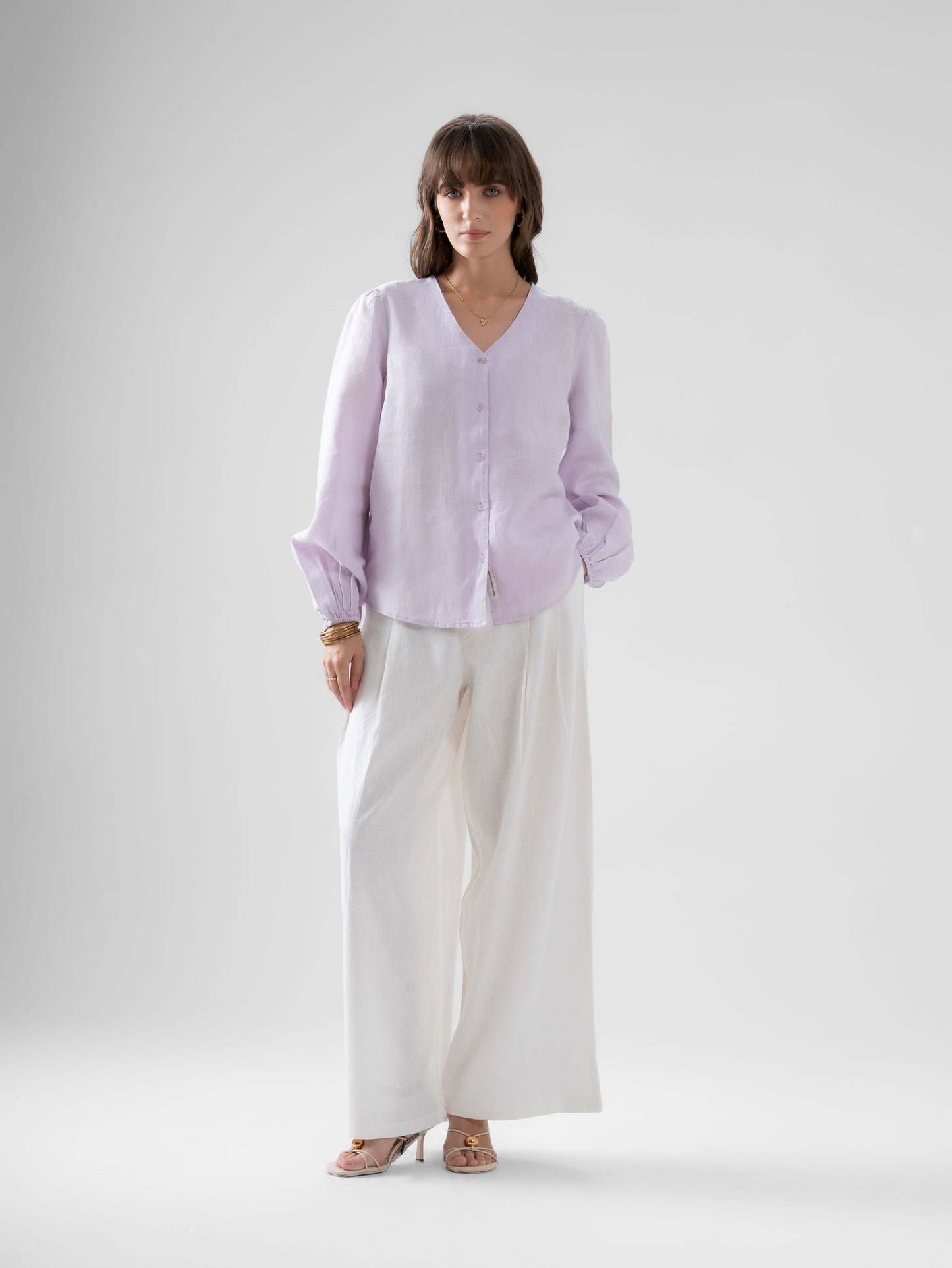 100% European Linen Regular Fit V-Neck Blouse - Lilac