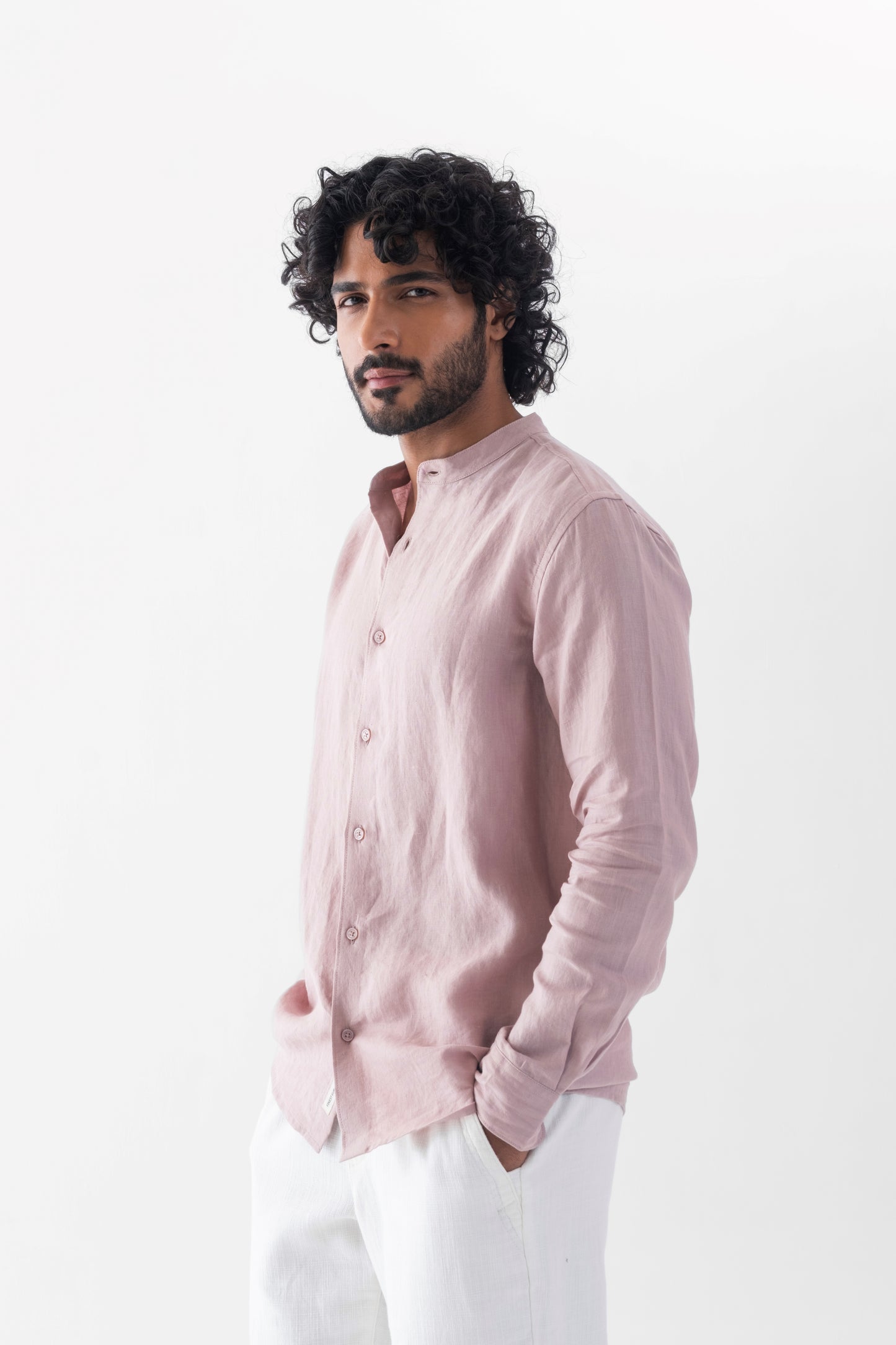 100% European Linen Mandarin Collar Shirt - Taupe