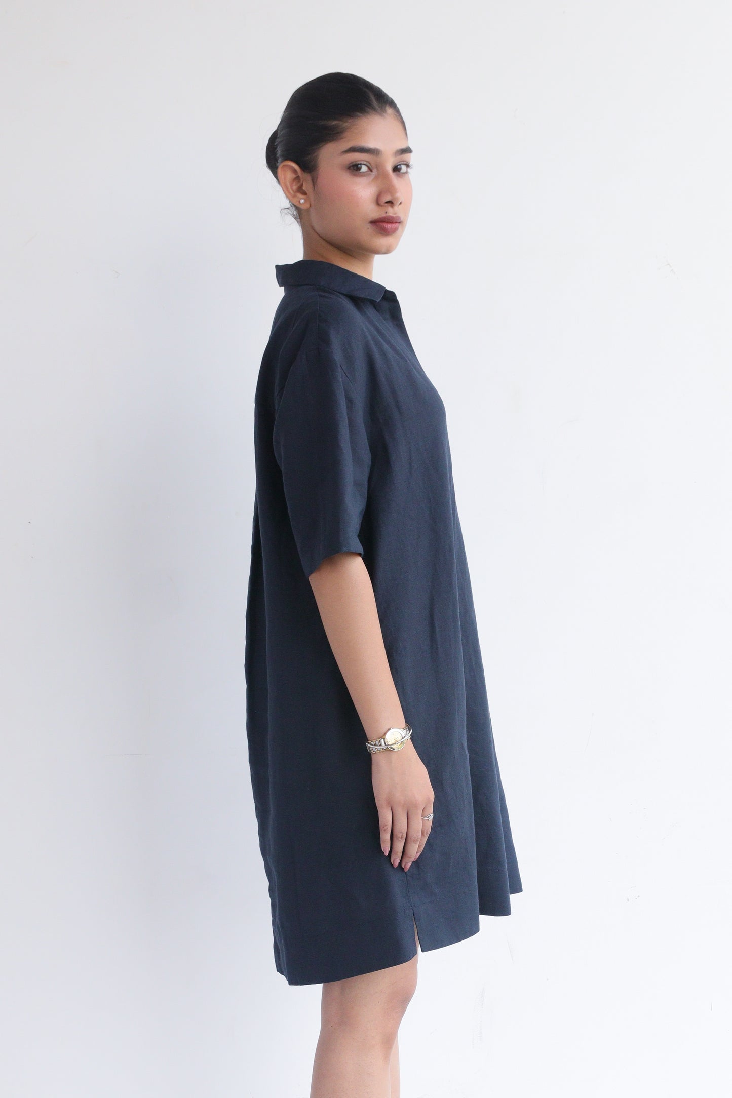 100% European Linen Popover Shirt Dress - Navy