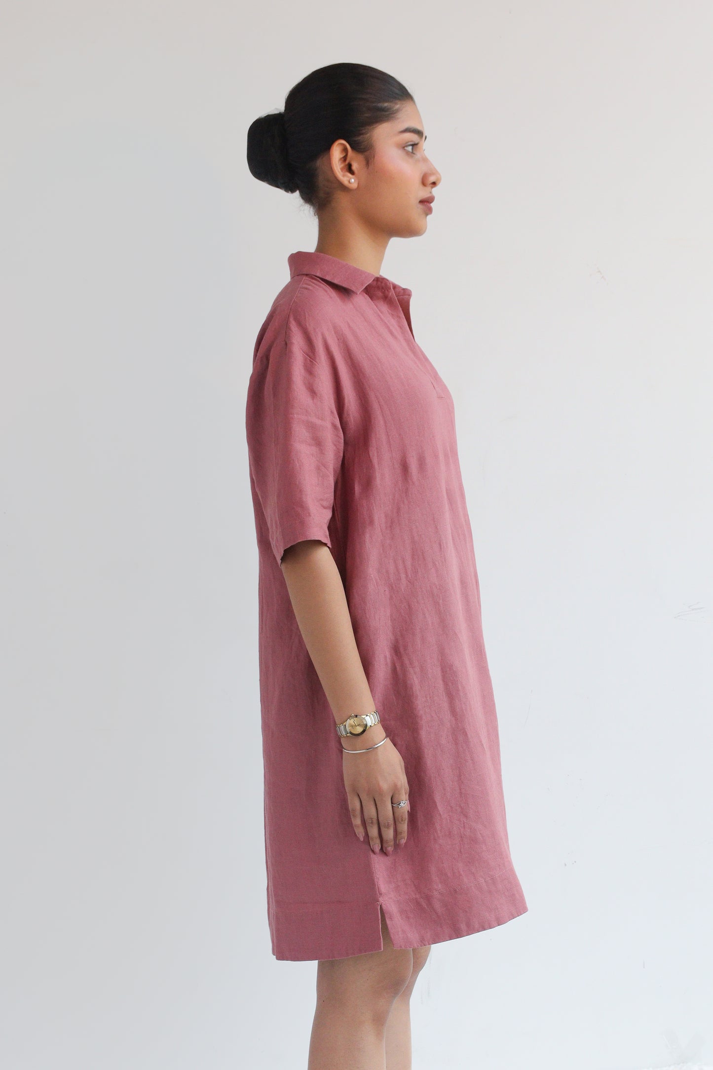 100% European Linen Popover Shirt Dress - Rose