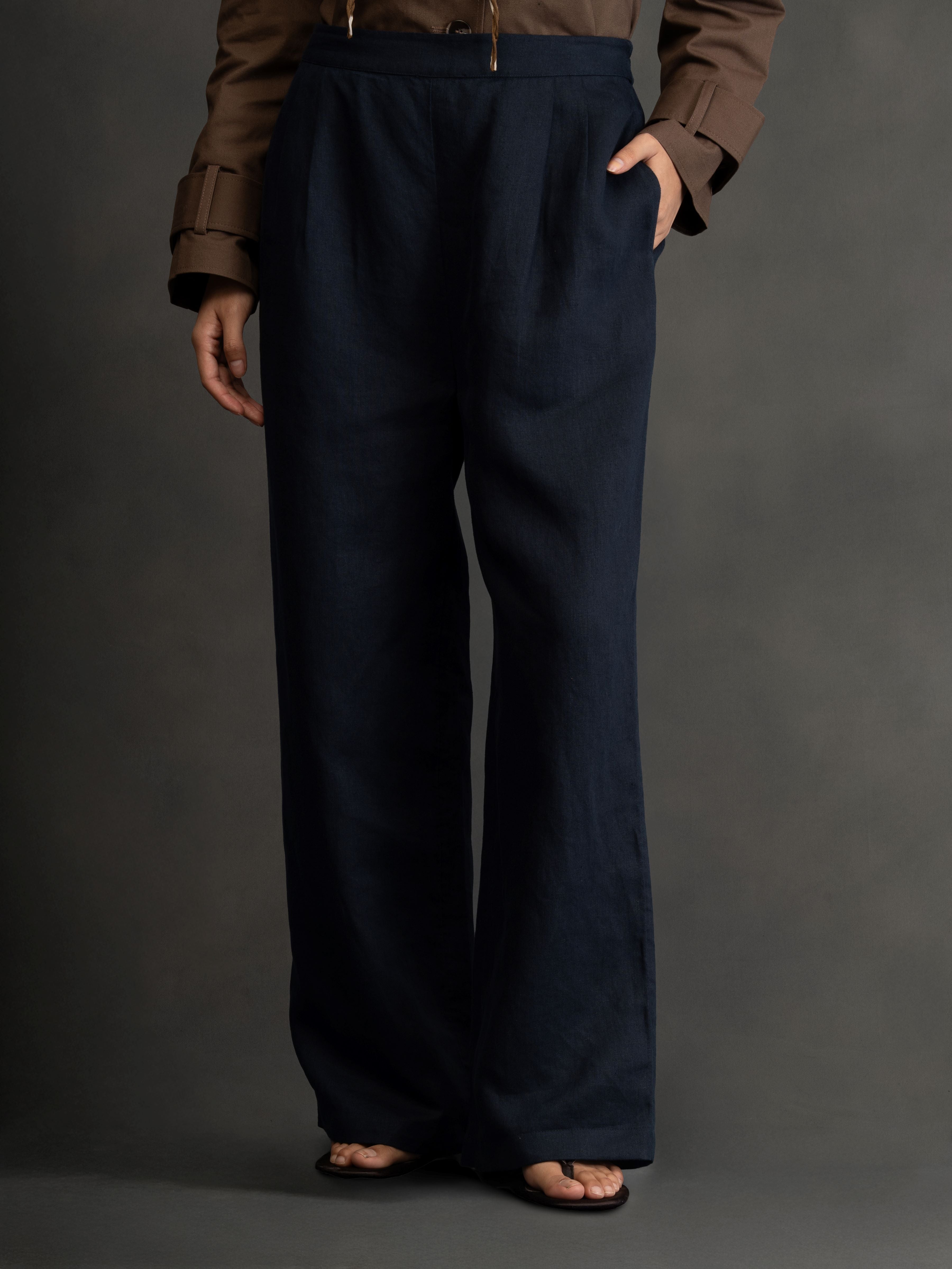 100% European Linen Relaxed Fit Wide Leg Trousers - Navy