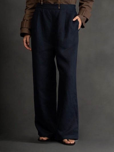 100% European Linen Relaxed Fit Wide Leg Trousers - Navy