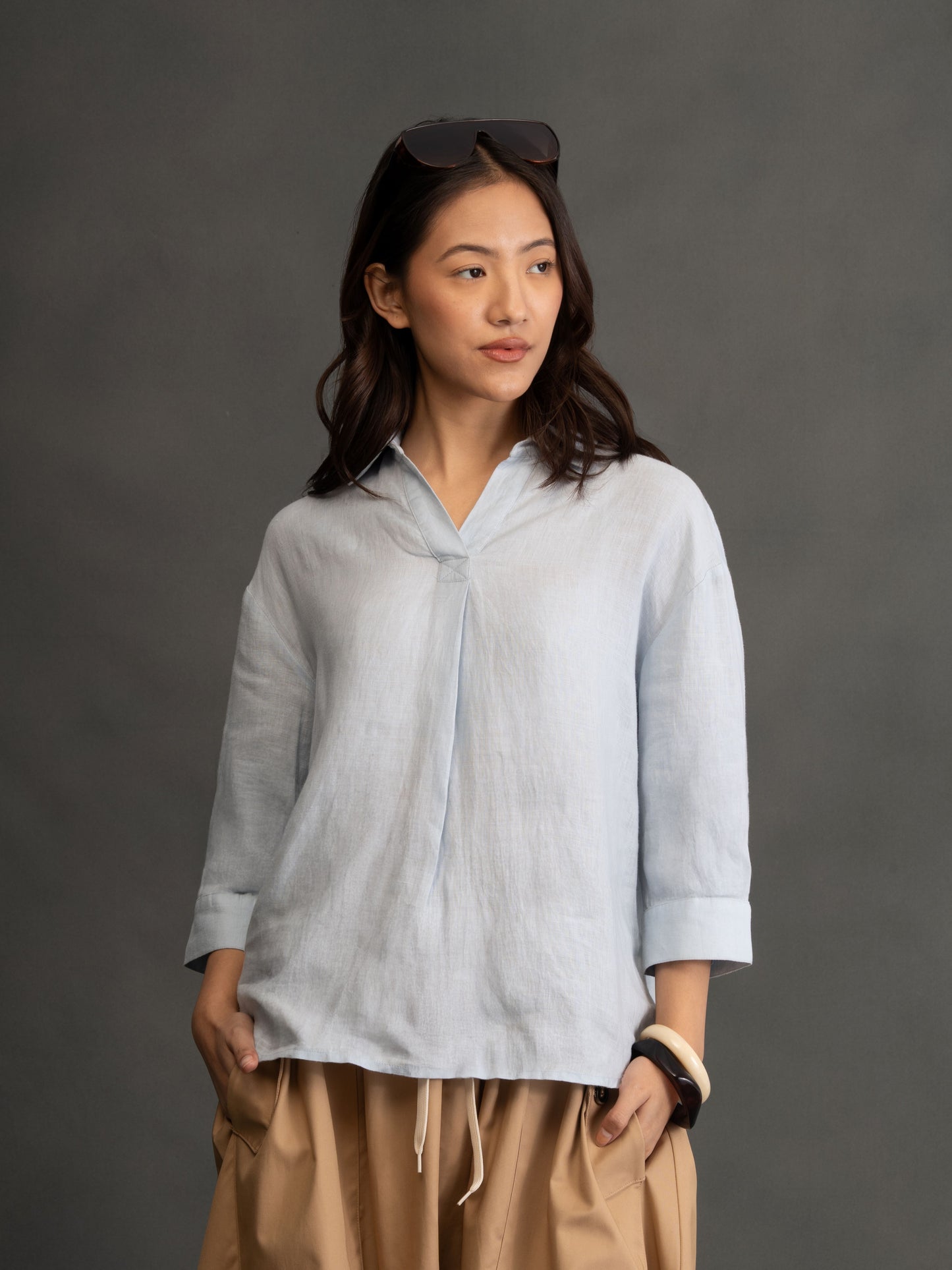 100% European Linen Boxy Popover Shirt - Powder Blue