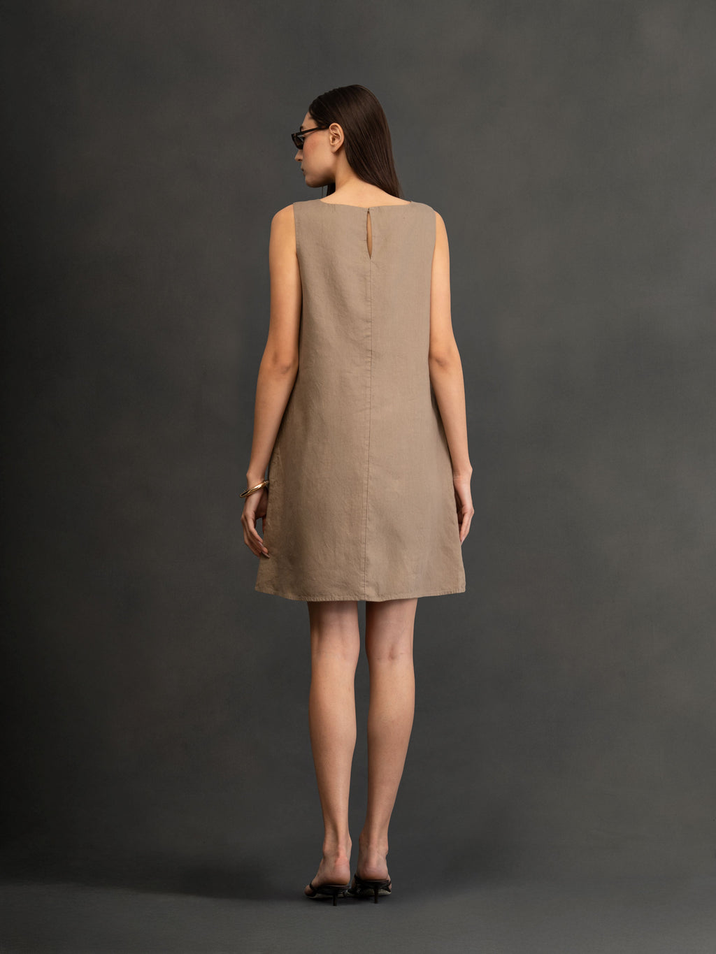 100% European Linen Sleeveless Shift Dress - Olive Brown