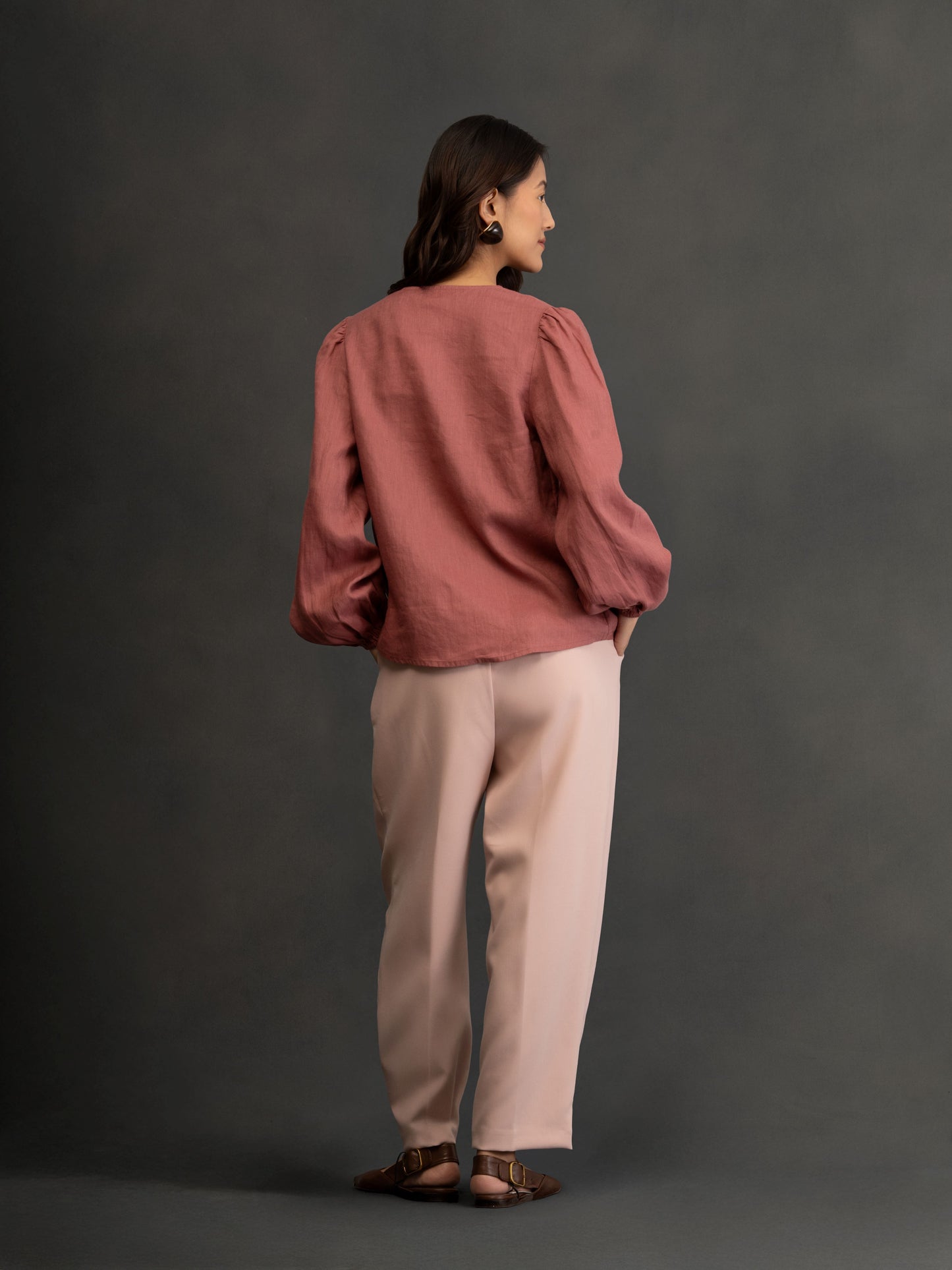 100% European Linen Regular Fit V-Neck Blouse - Rust
