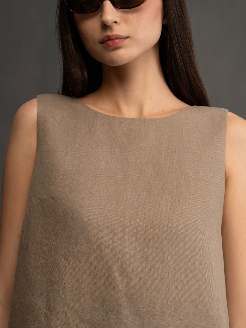 100% European Linen Sleeveless Shift Dress - Olive Brown