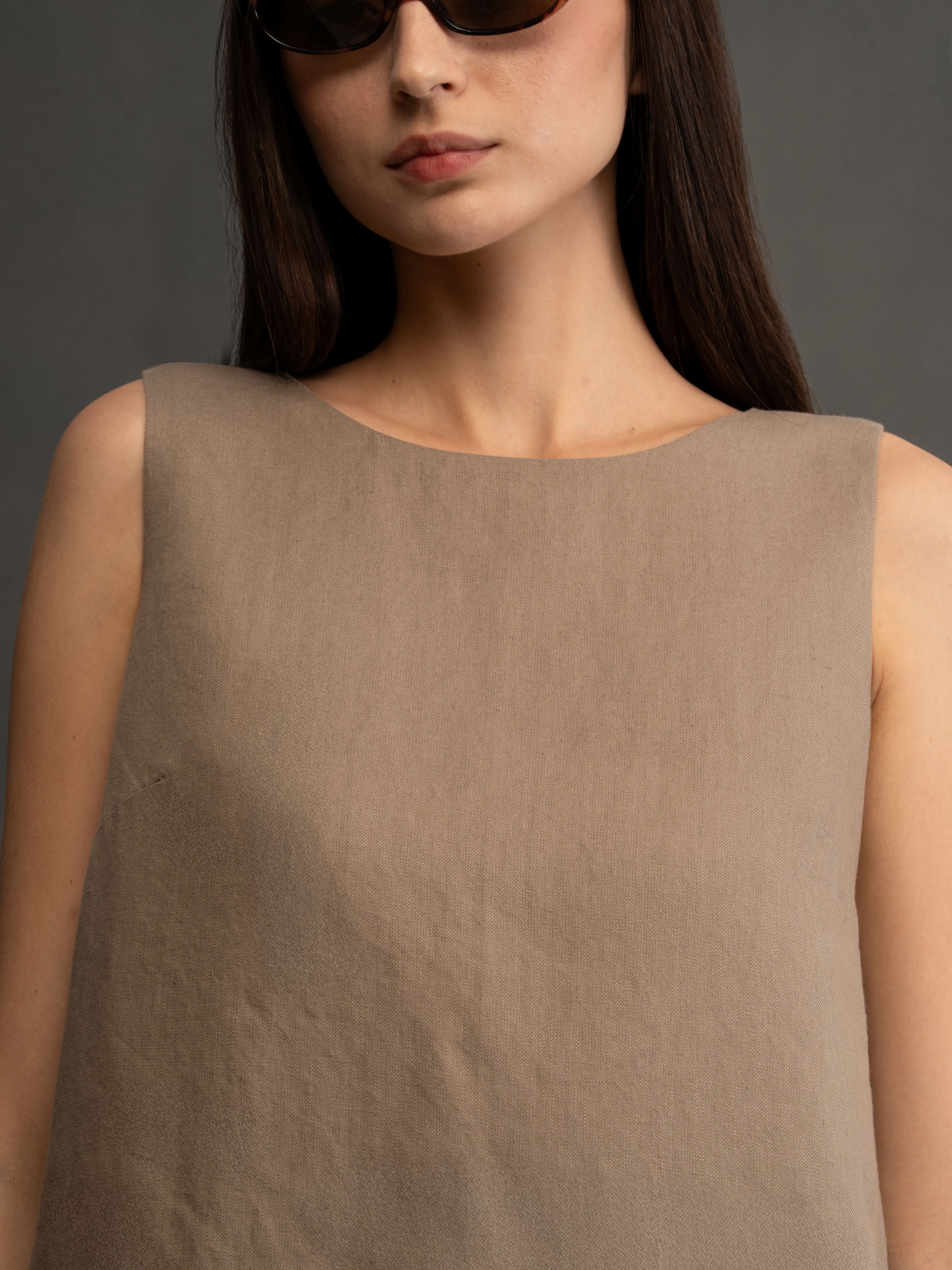 100% European Linen Sleeveless Shift Dress - Olive Brown