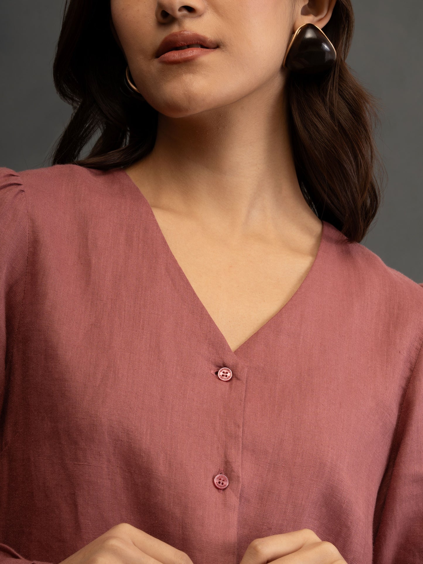 100% European Linen Regular Fit V-Neck Blouse - Rust