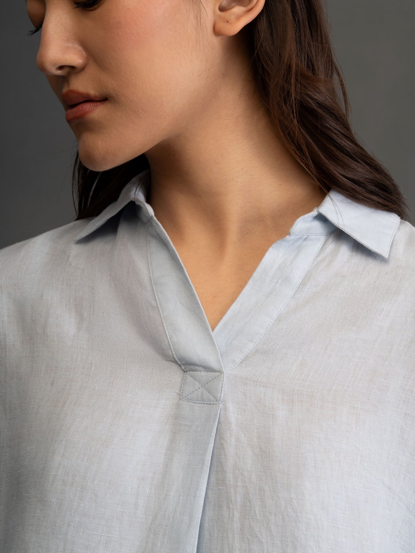 100% European Linen Boxy Popover Shirt - Powder Blue