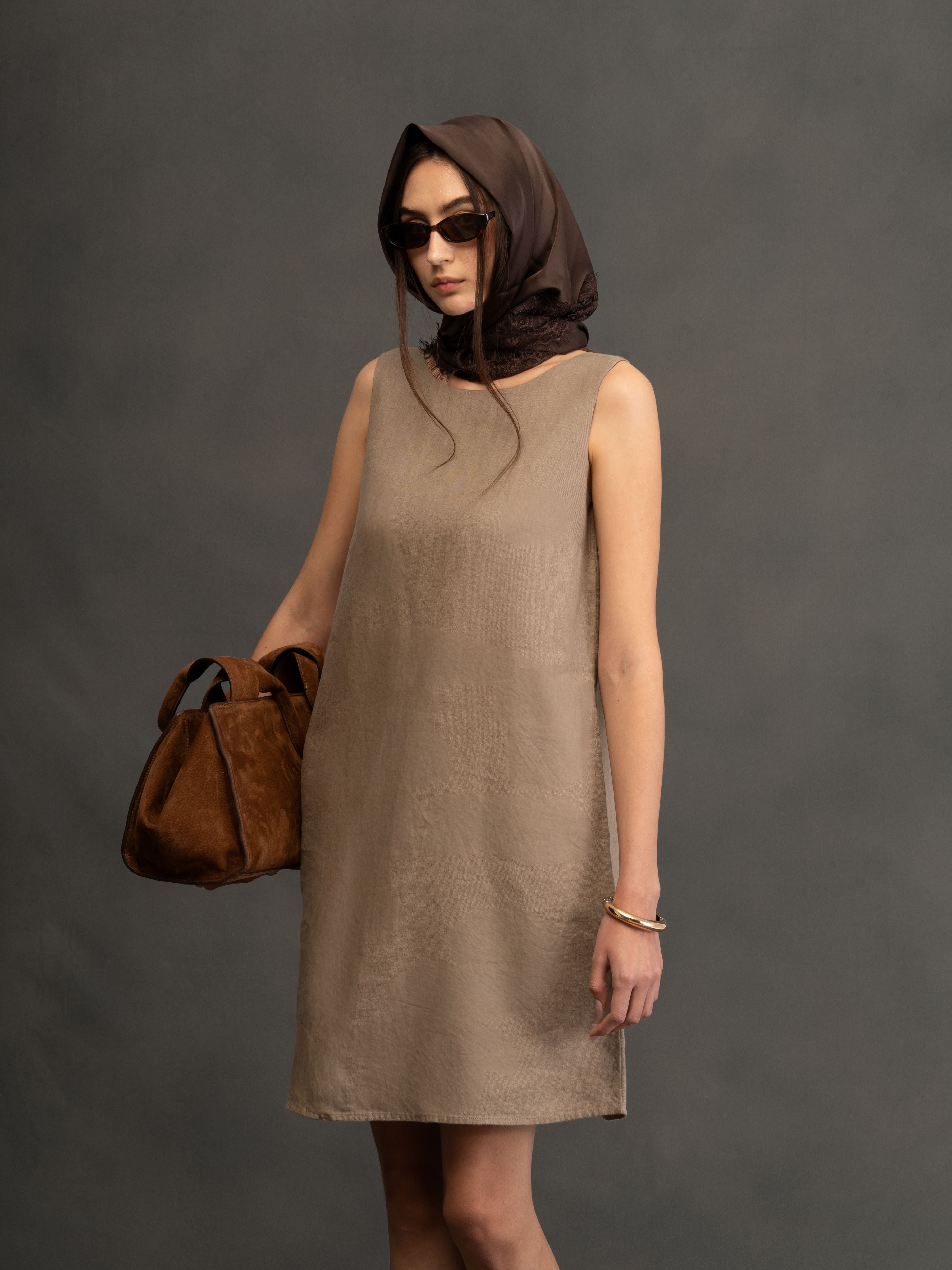 100% European Linen Sleeveless Shift Dress - Olive Brown