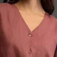 100% European Linen Regular Fit V-Neck Blouse - Rust