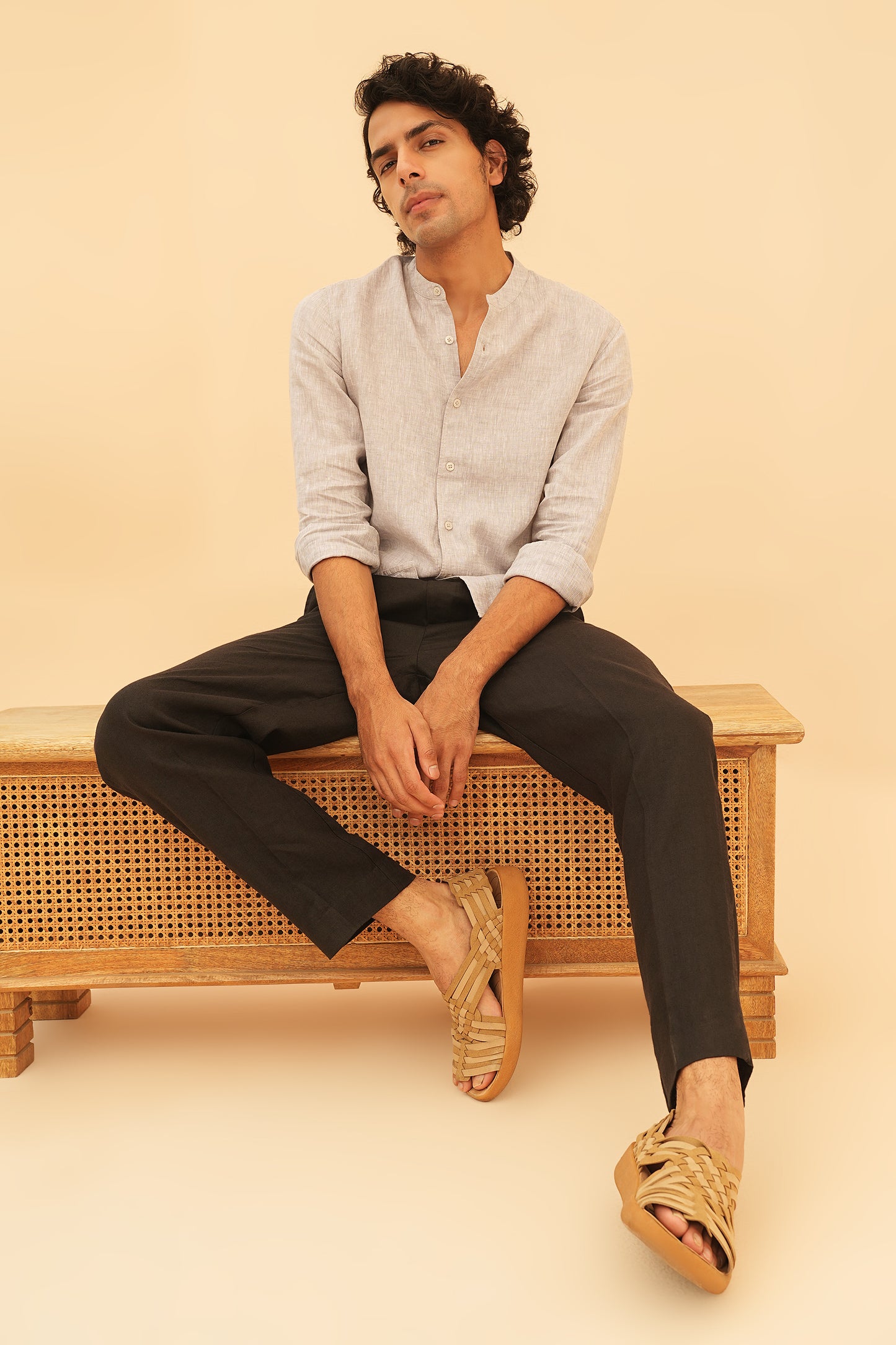 100% European Linen Mandarin Collar Shirt