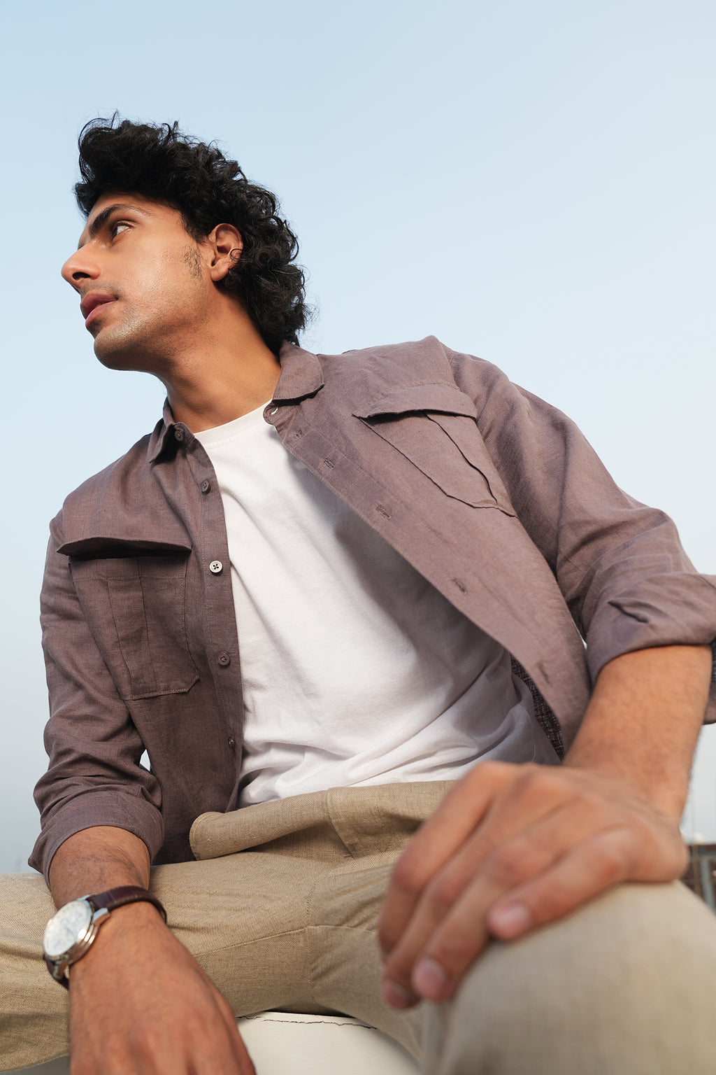 100% European Linen Utility Shirt - Ash Purple