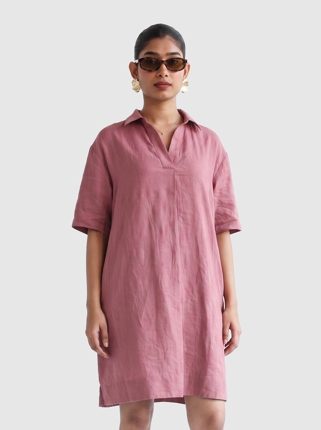 100% European Linen Popover Shirt Dress - Rose