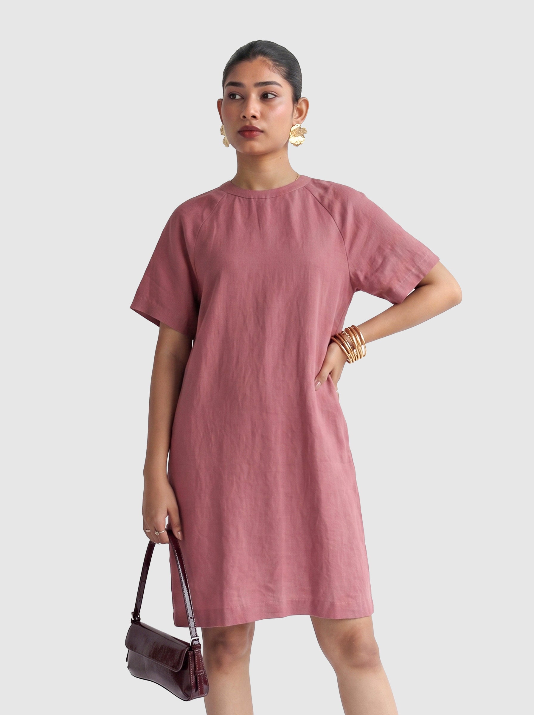 100% European Linen Easy Shift Dress - Rose