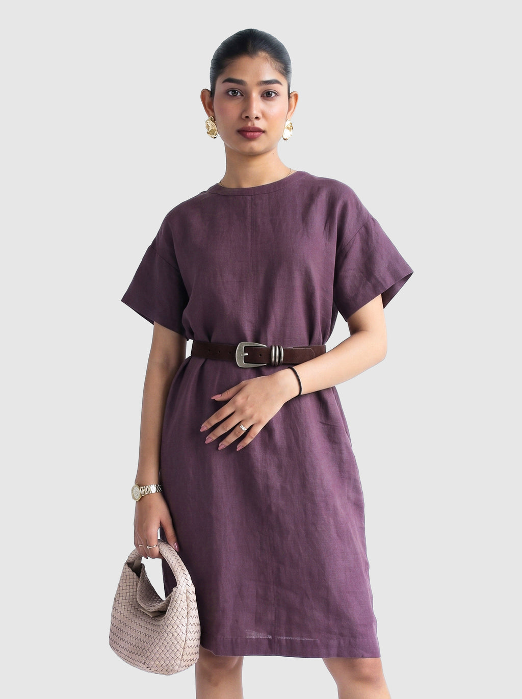 100% European Linen Oversized Casual Dress - Coffee Brown