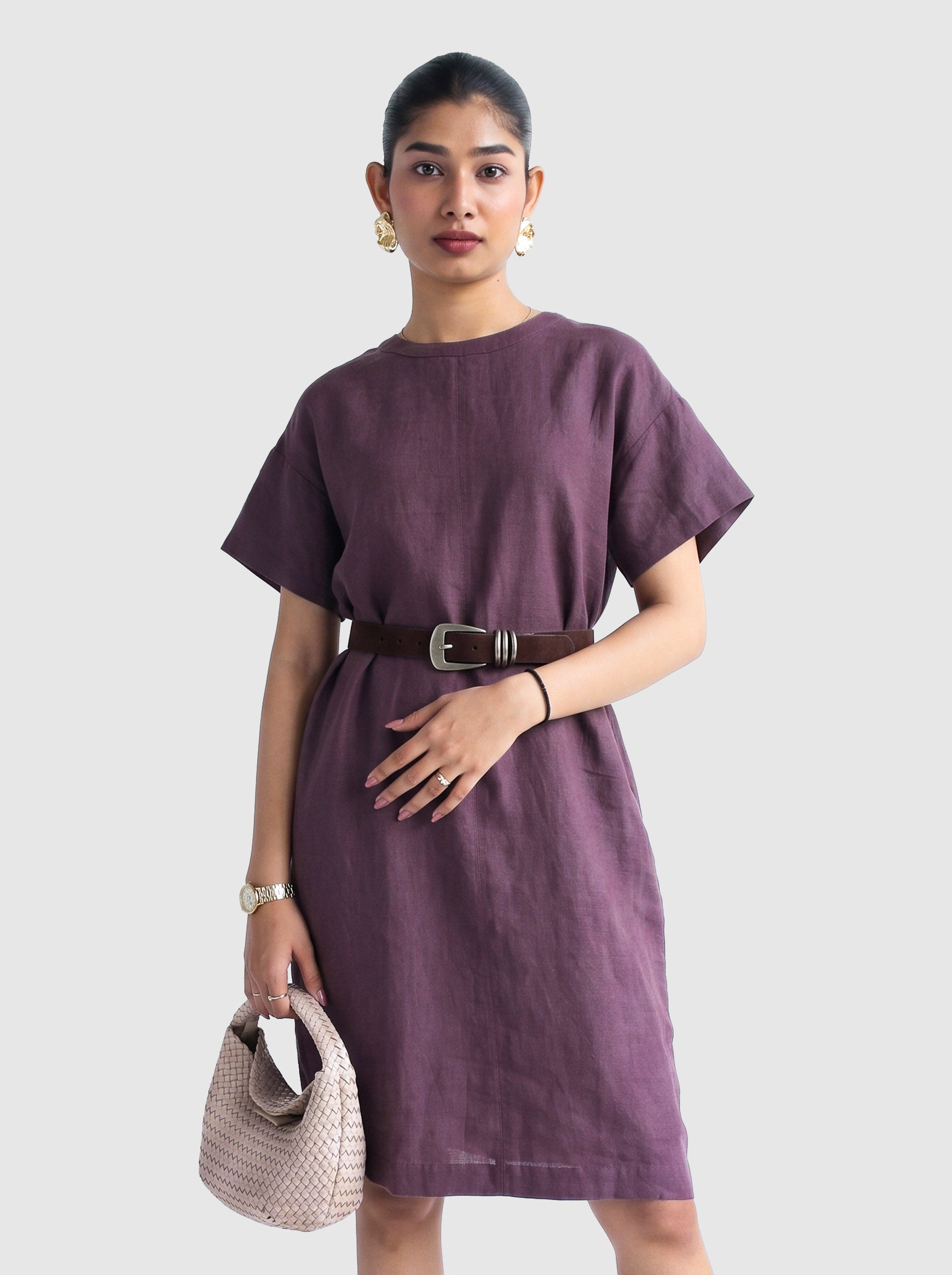 100% European Linen Oversized Casual Dress - Coffee Brown