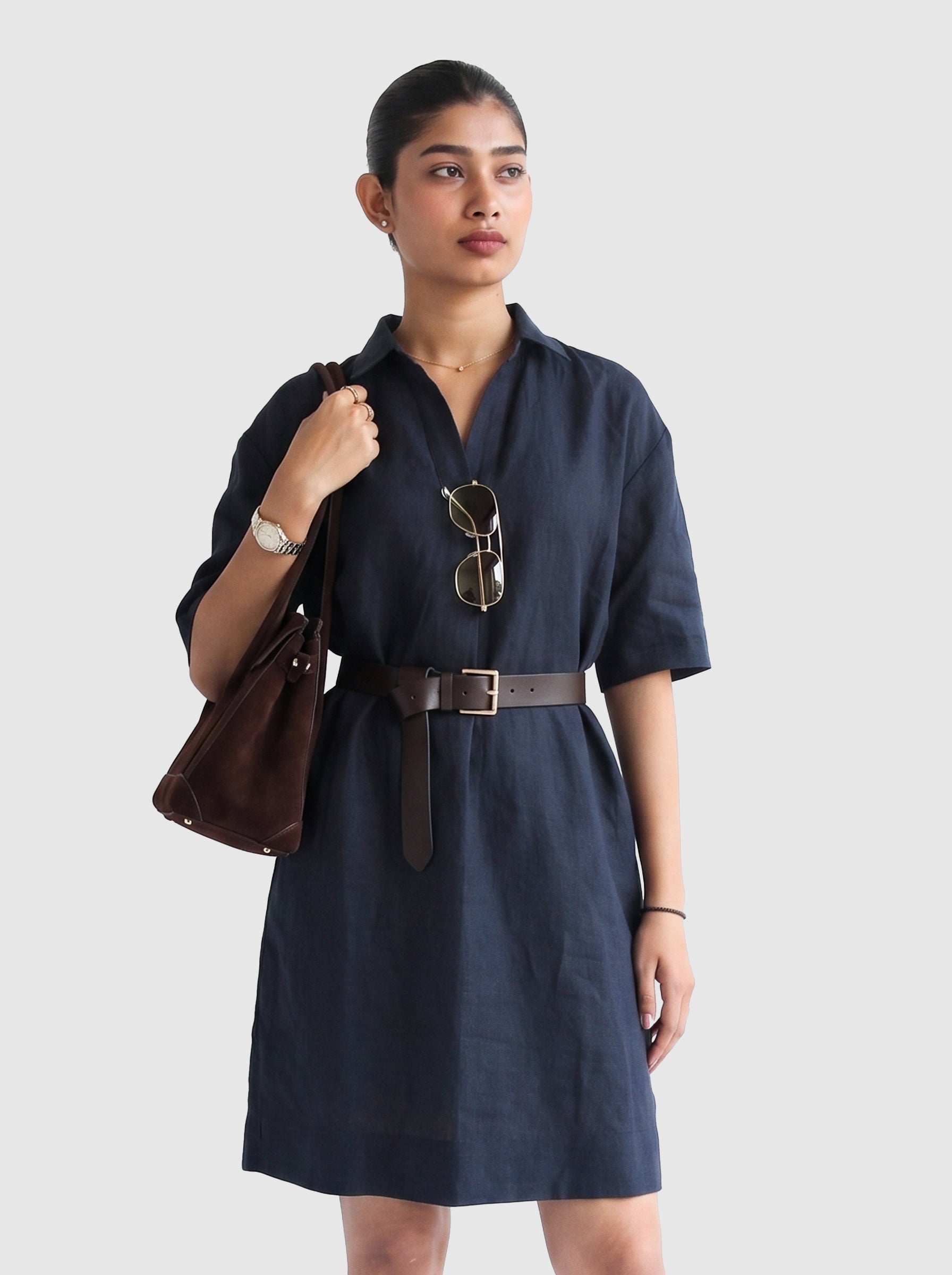 100% European Linen Popover Shirt Dress - Navy