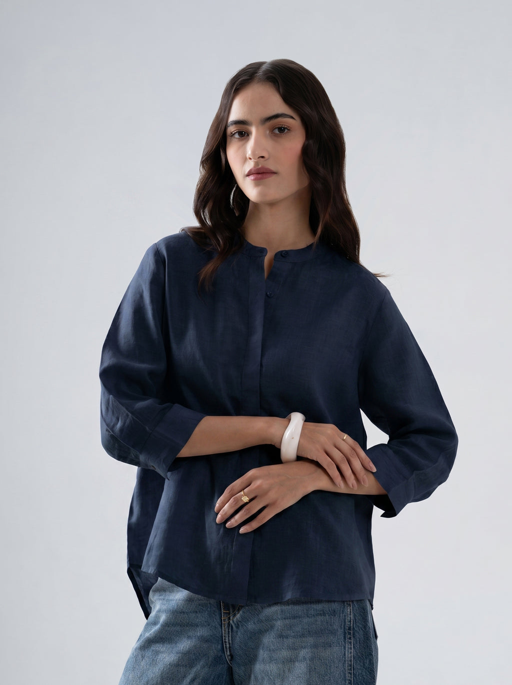 100% European Linen Mandarin Collar 3/4th Sleeve Shirt - Navy