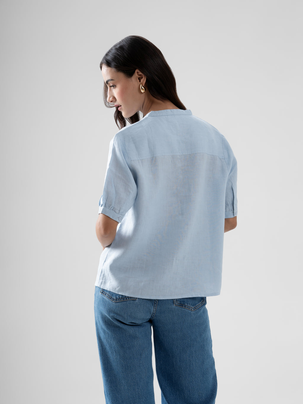 100% European Linen Peasant Blouse - Powder Blue
