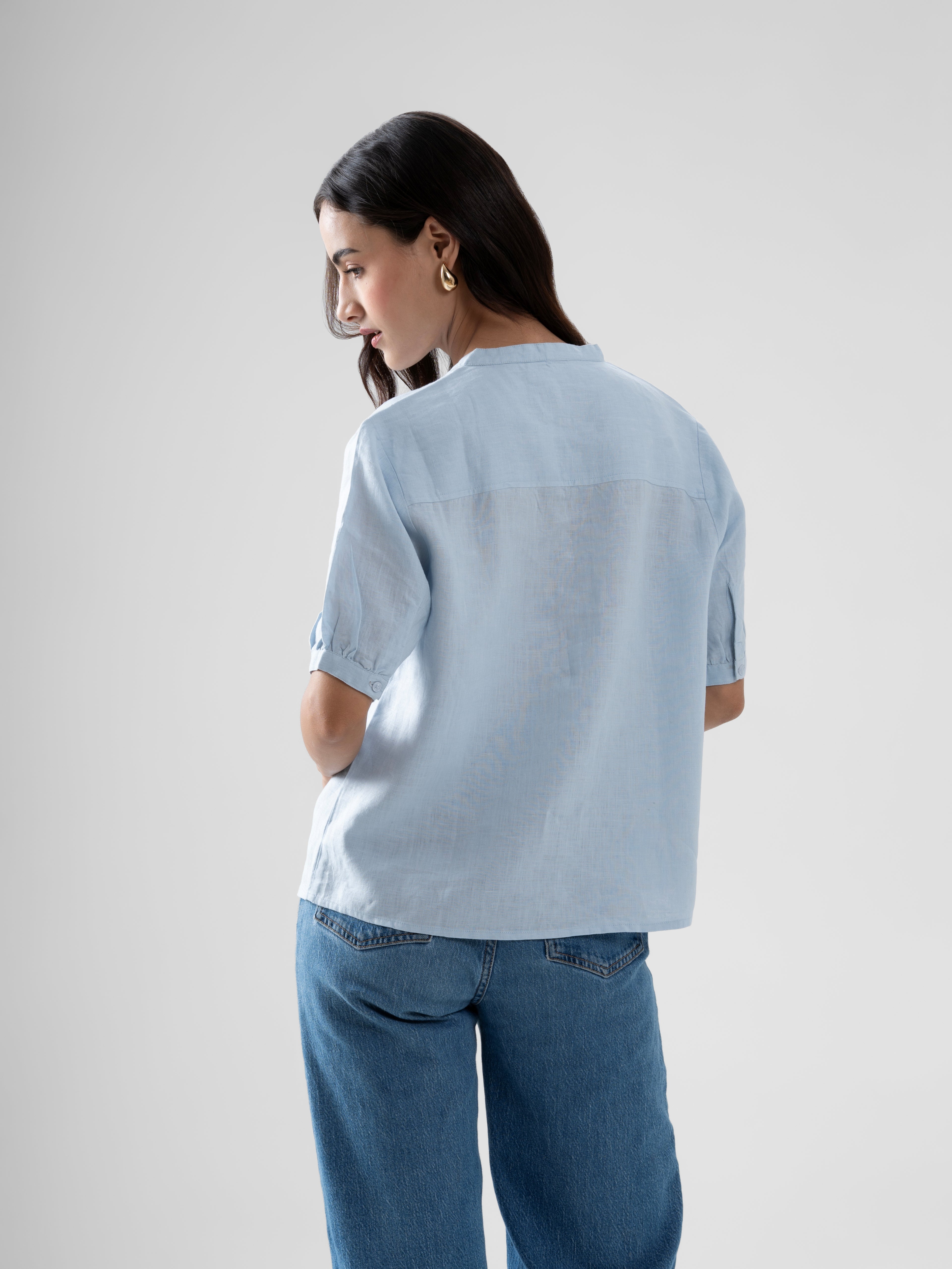 100% European Linen Peasant Blouse - Powder Blue