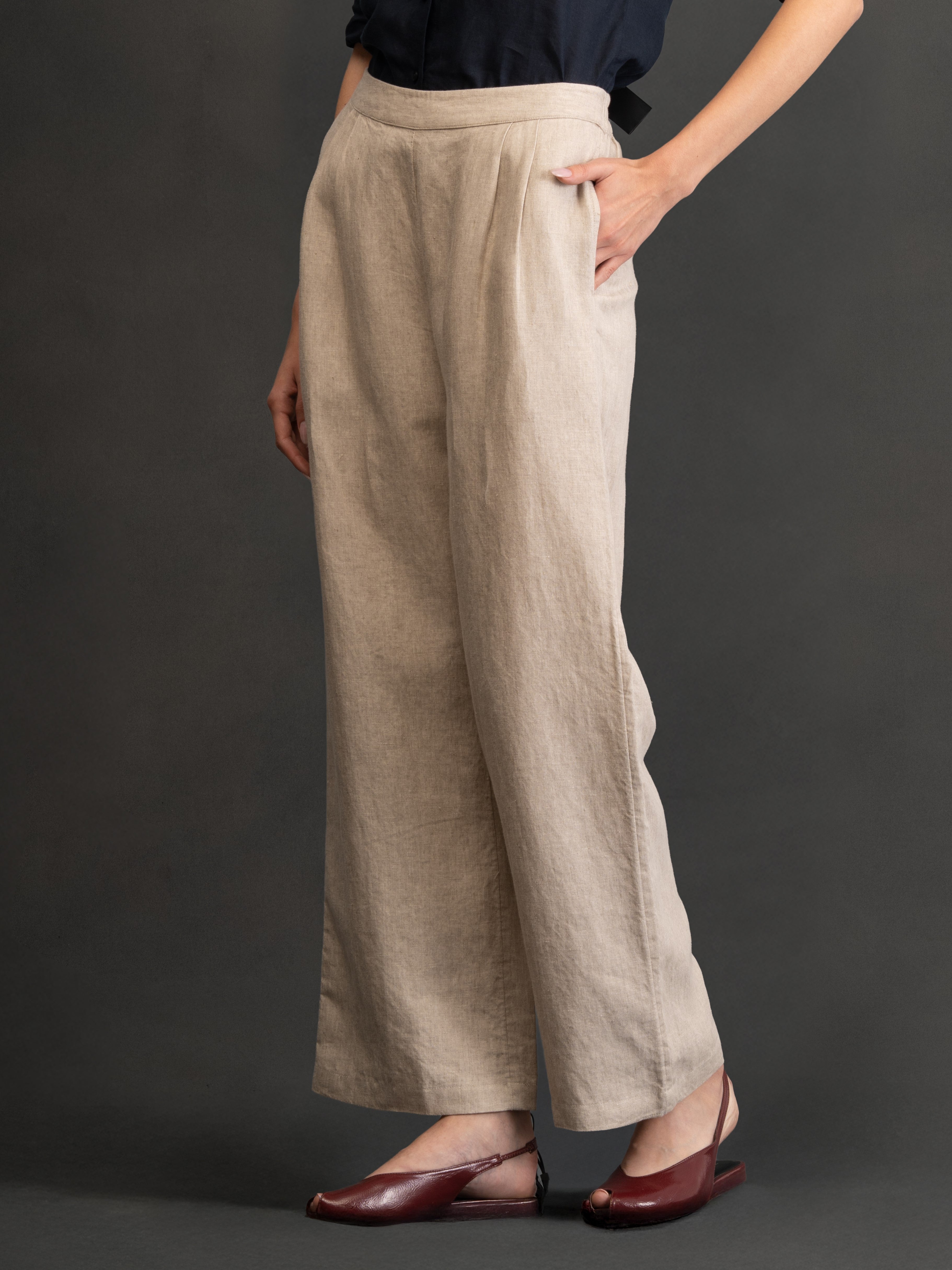 100% European Linen Relaxed Fit Wide Leg Trousers - Oatmeal