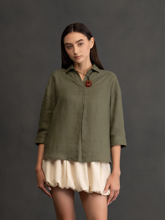 100% European Linen Boxy Popover Shirt - Olive
