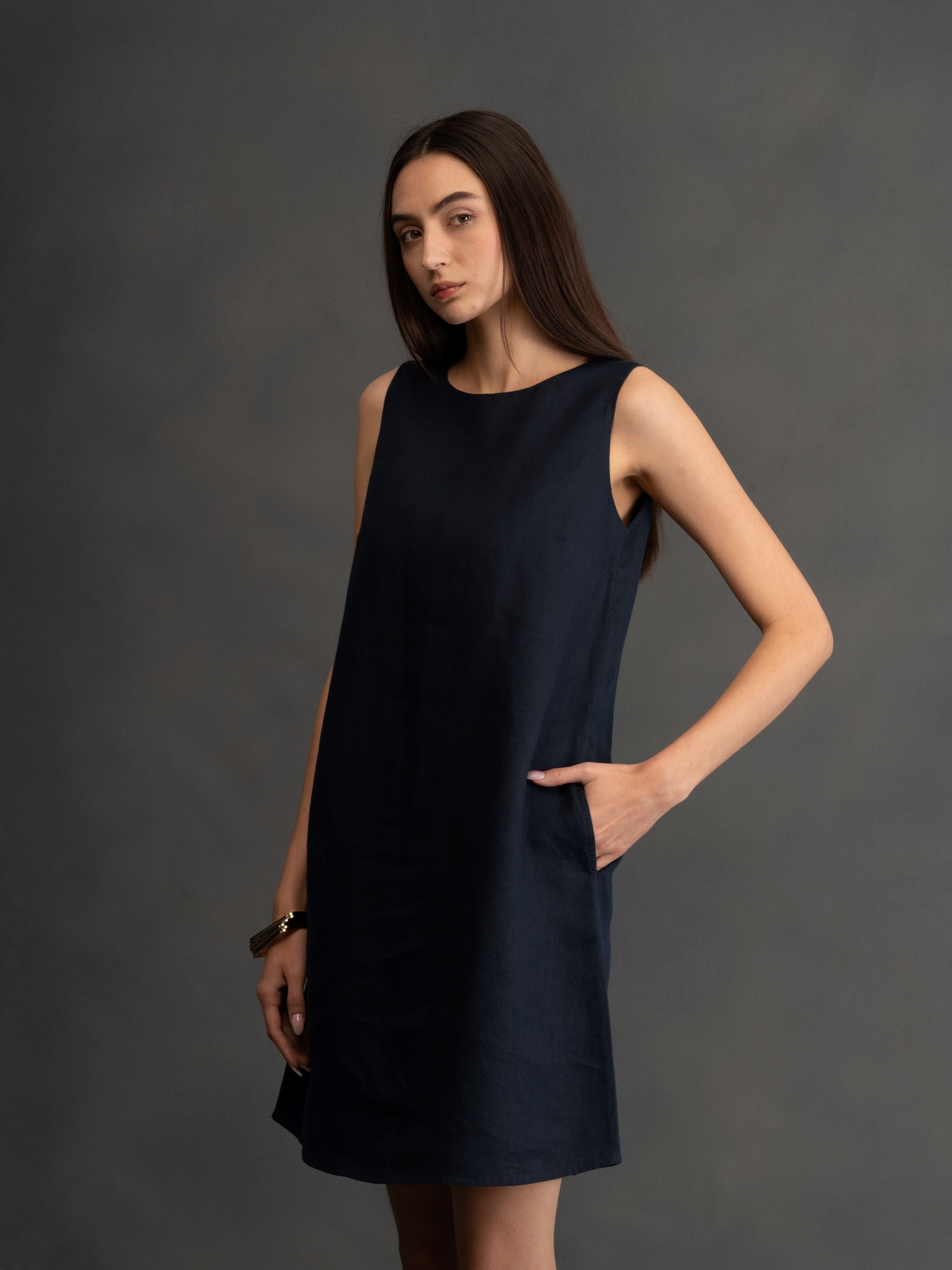 100% European Linen Sleeveless Shift Dress - Navy
