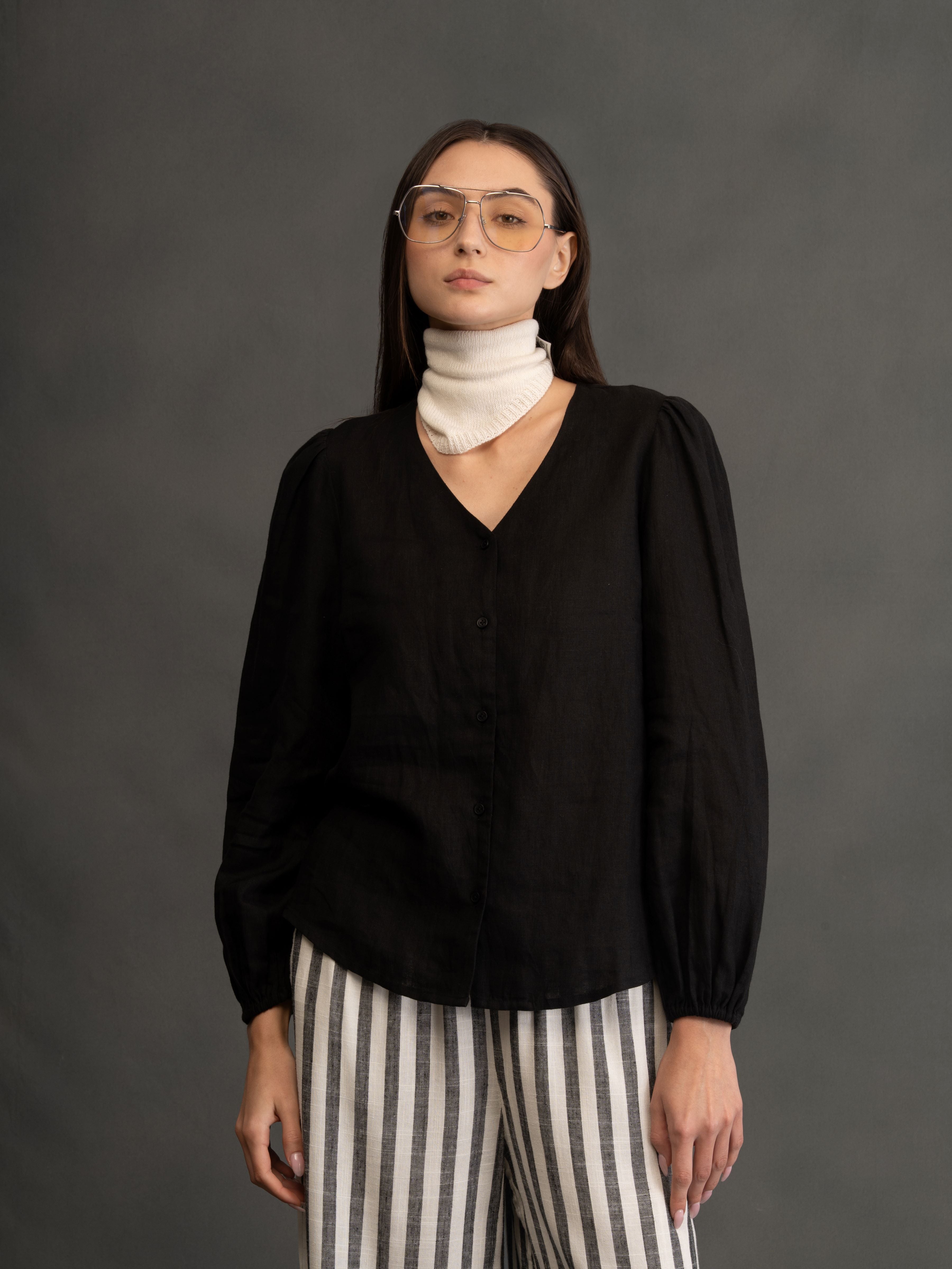 100% European Linen Regular Fit V-Neck Blouse - Black