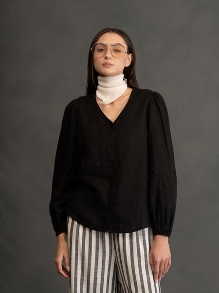 100% European Linen Regular Fit V-Neck Blouse