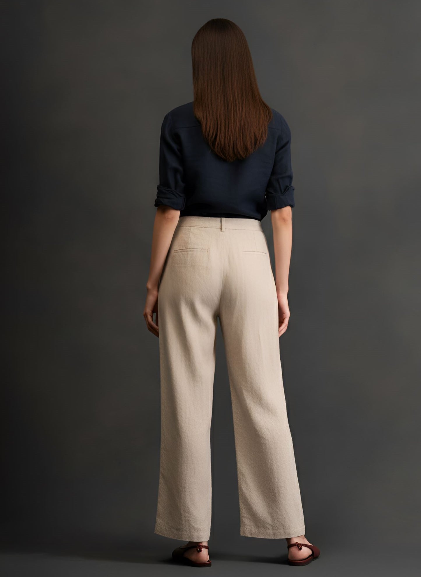 100% European Linen Relaxed Fit Wide Leg Trousers - Oatmeal