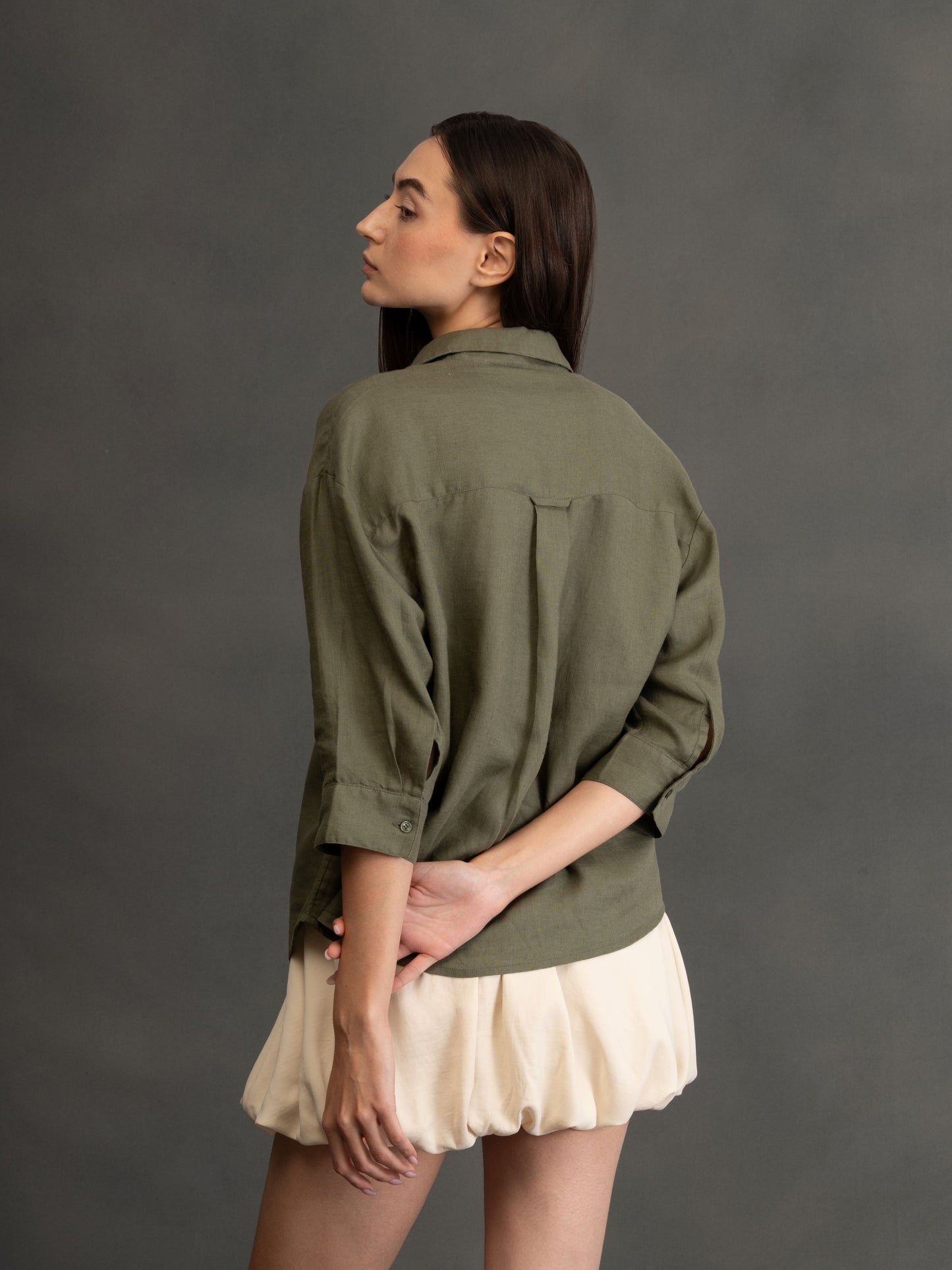 100% European Linen Boxy Popover Shirt - Olive