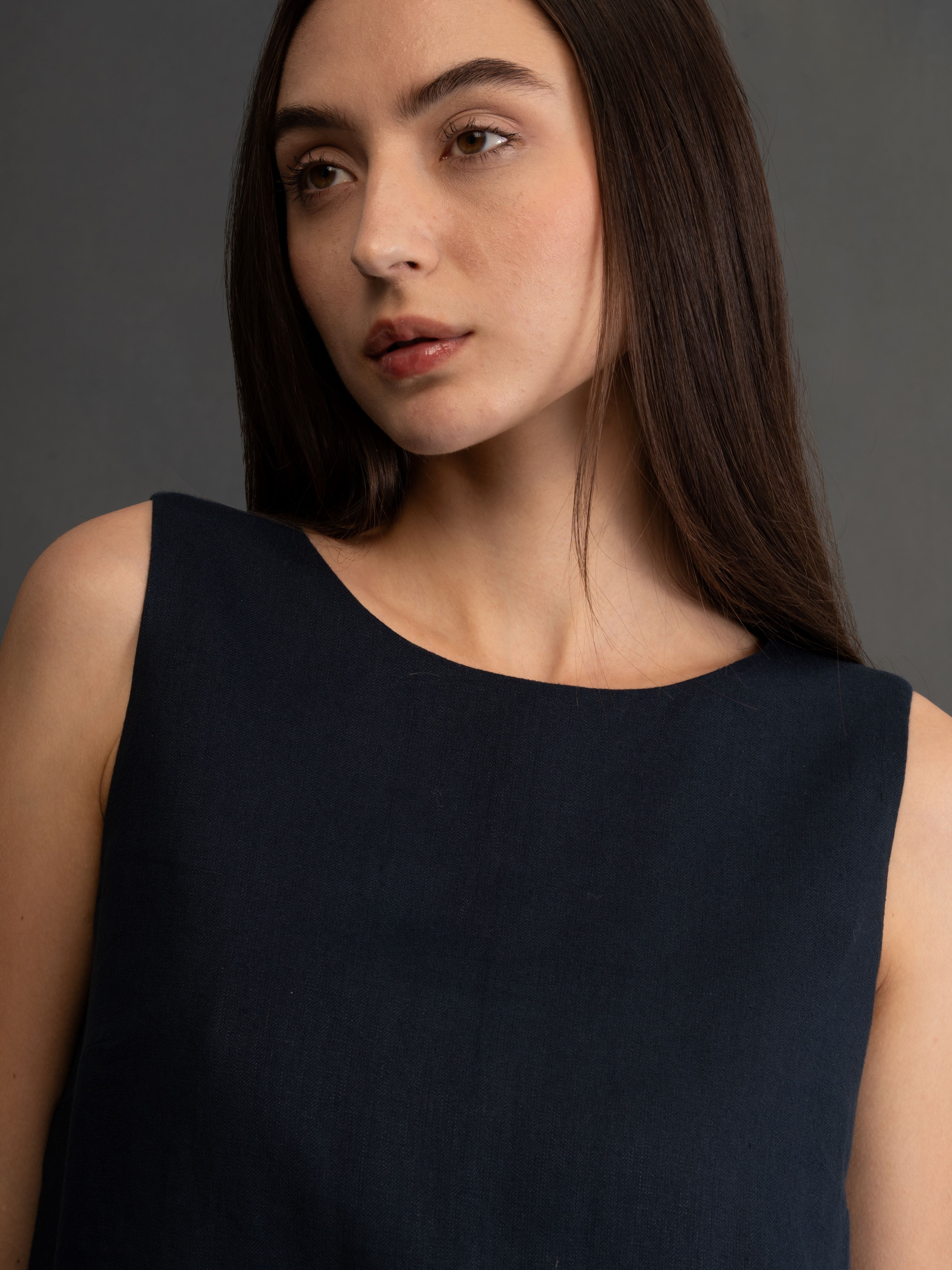 100% European Linen Sleeveless Shift Dress - Navy