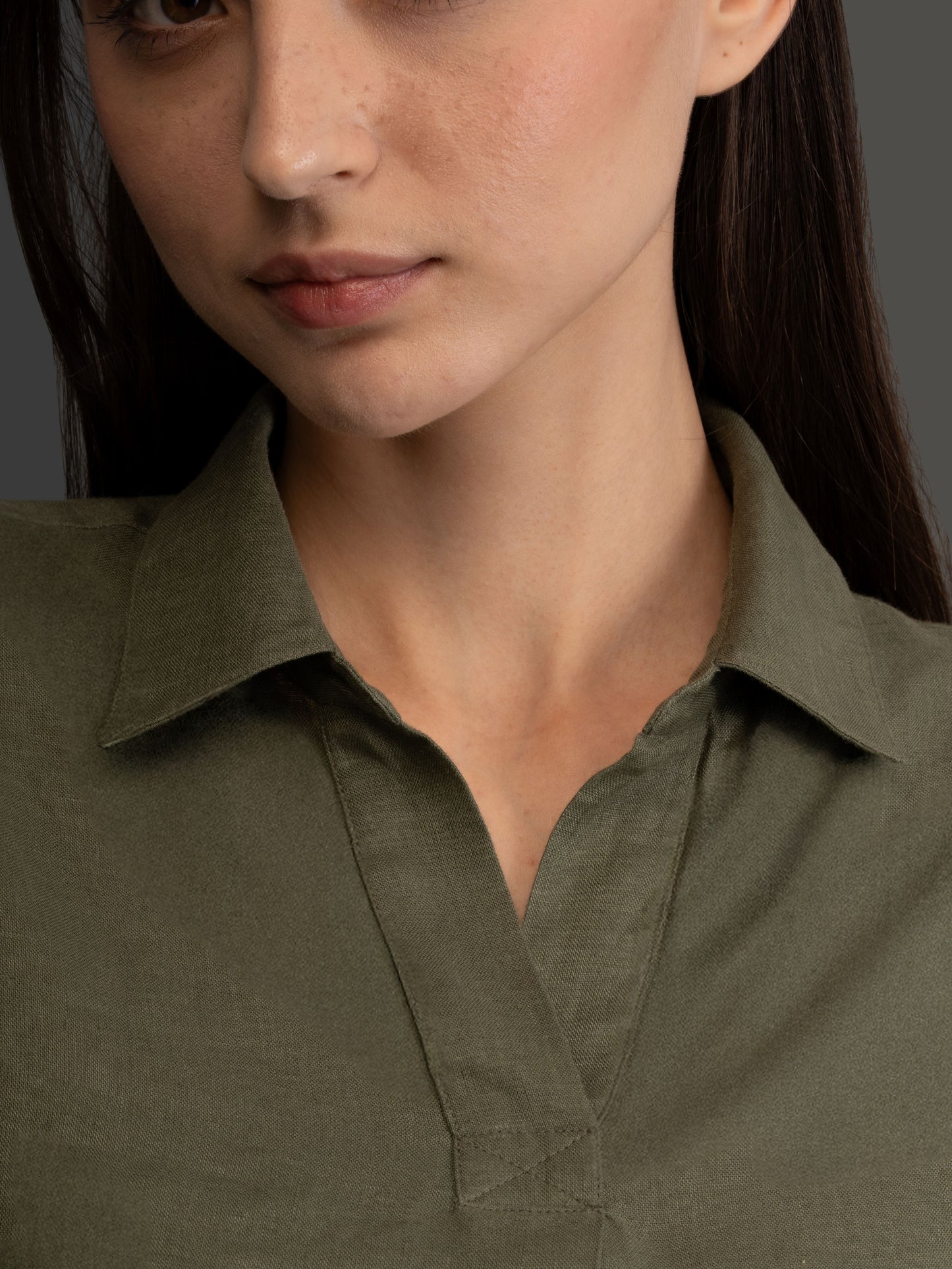 100% European Linen Boxy Popover Shirt - Olive