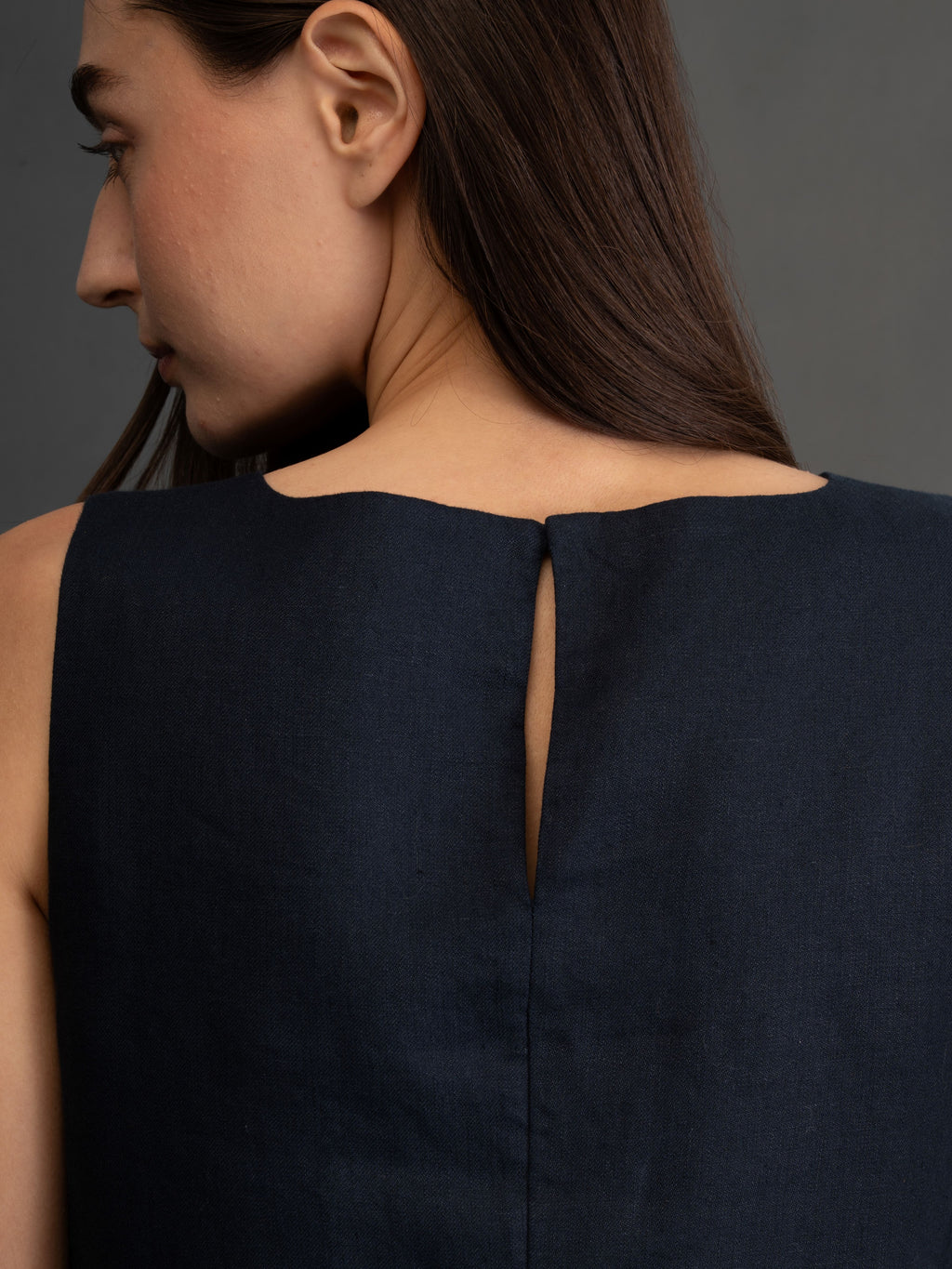100% European Linen Sleeveless Shift Dress - Navy