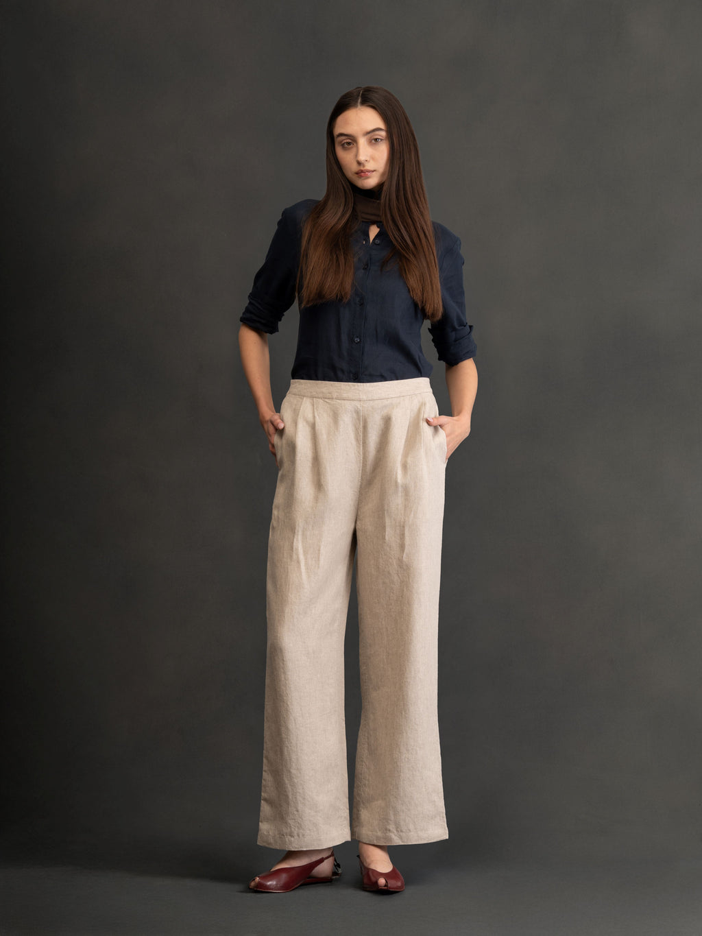 100% European Linen Relaxed Fit Wide Leg Trousers - Oatmeal