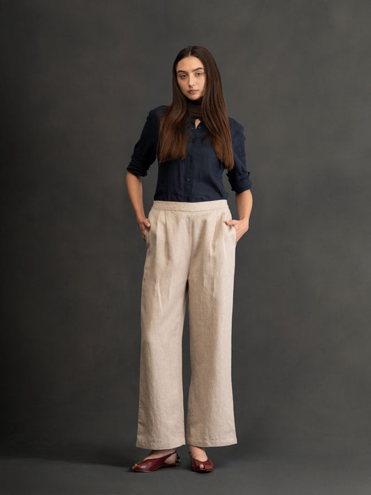 100% European Linen Relaxed Fit Wide Leg Trousers