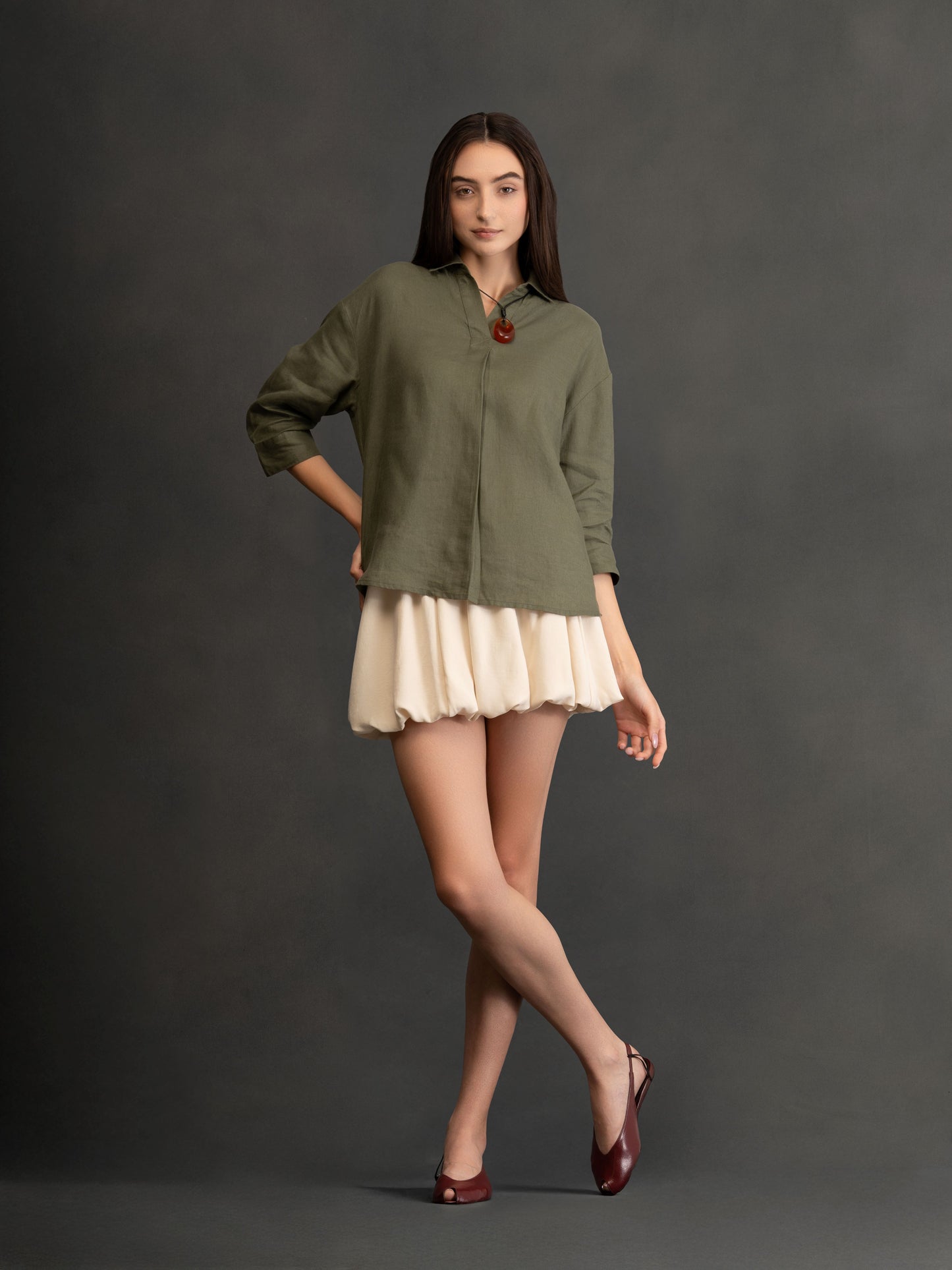 100% European Linen Boxy Popover Shirt - Olive