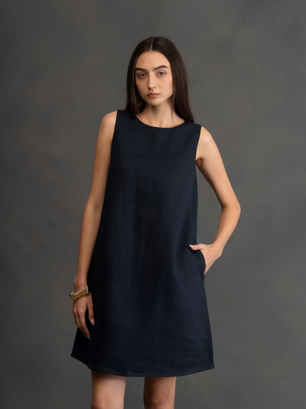 100% European Linen Sleeveless Shift Dress - Navy