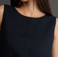 100% European Linen Sleeveless Shift Dress - Navy