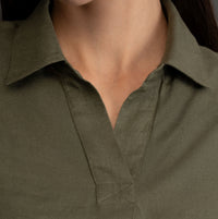 100% European Linen Boxy Popover Shirt - Olive