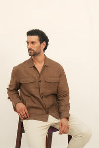 100% European Linen Utility Shacket - Brown