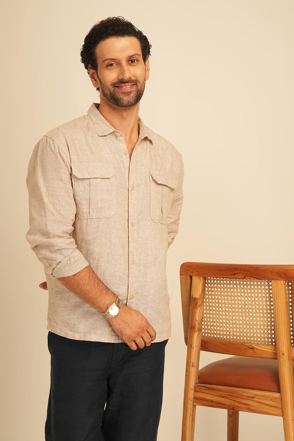 100% European Linen Utility Shirt - Oatmeal