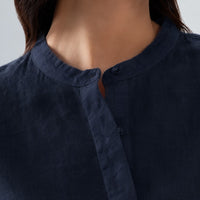 100% European Linen Mandarin Collar 3/4th Sleeve Shirt - Navy
