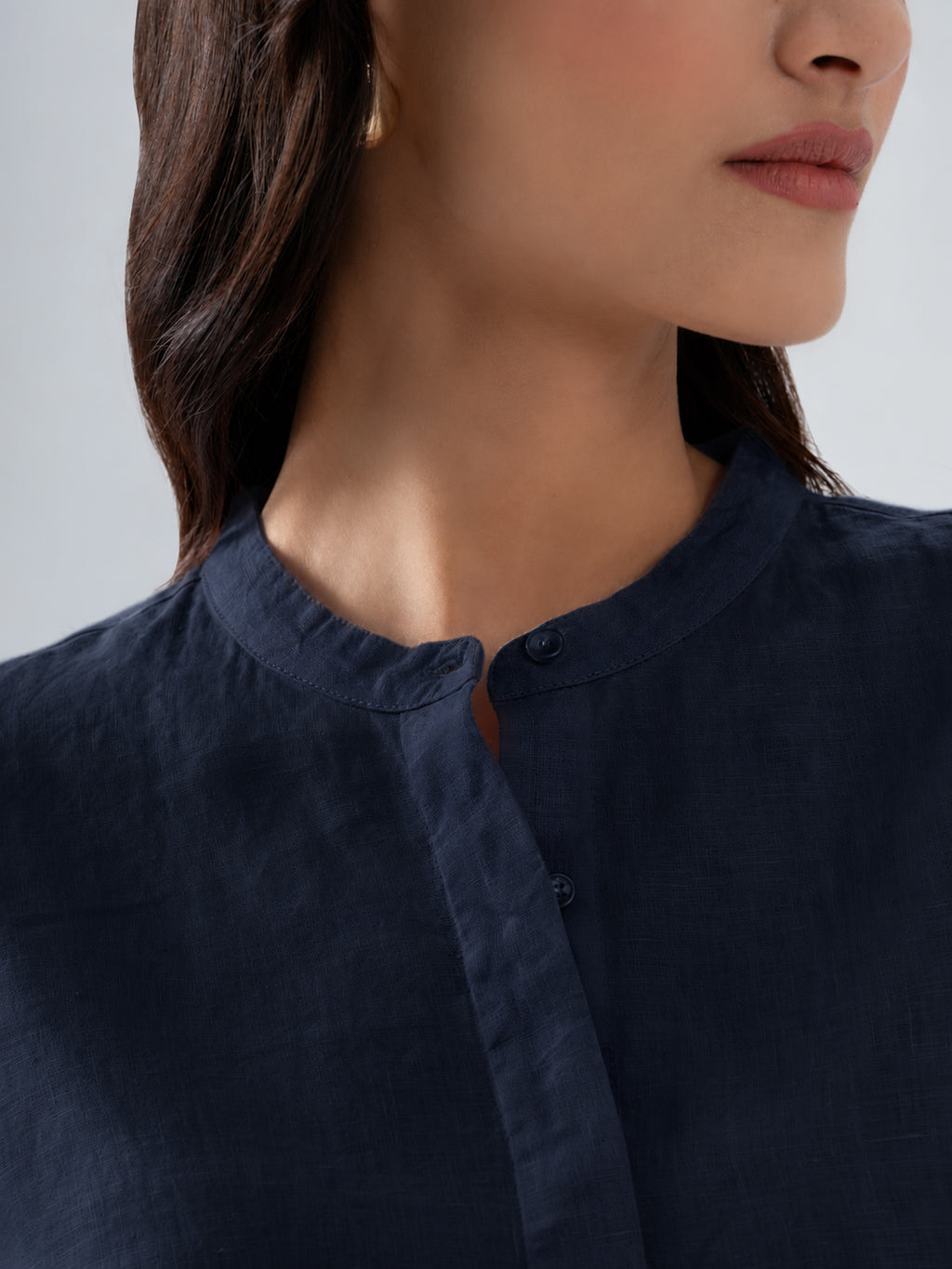 100% European Linen Mandarin Collar 3/4th Sleeve Shirt - Navy