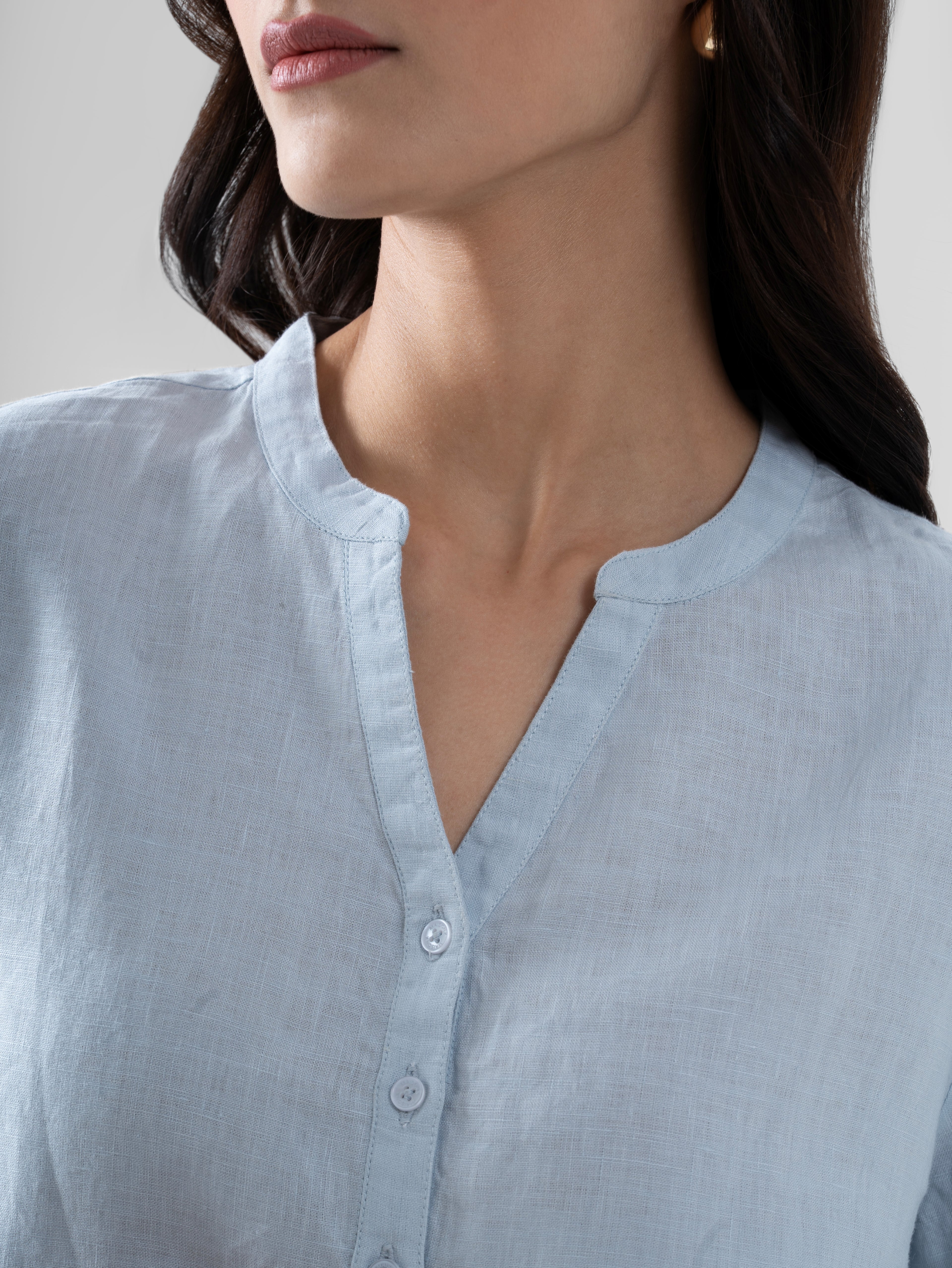 100% European Linen Peasant Blouse - Powder Blue