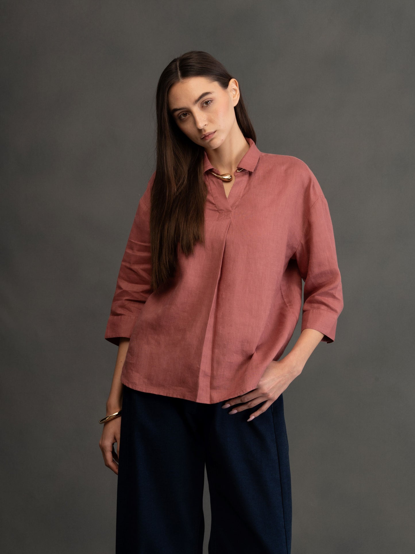 100% European Linen Boxy Popover Shirt - Rust