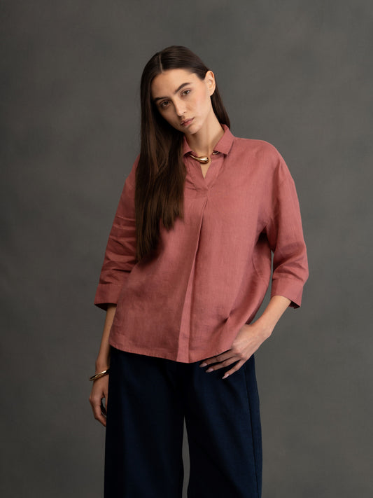 100% European Linen Boxy Popover Shirt - Rust