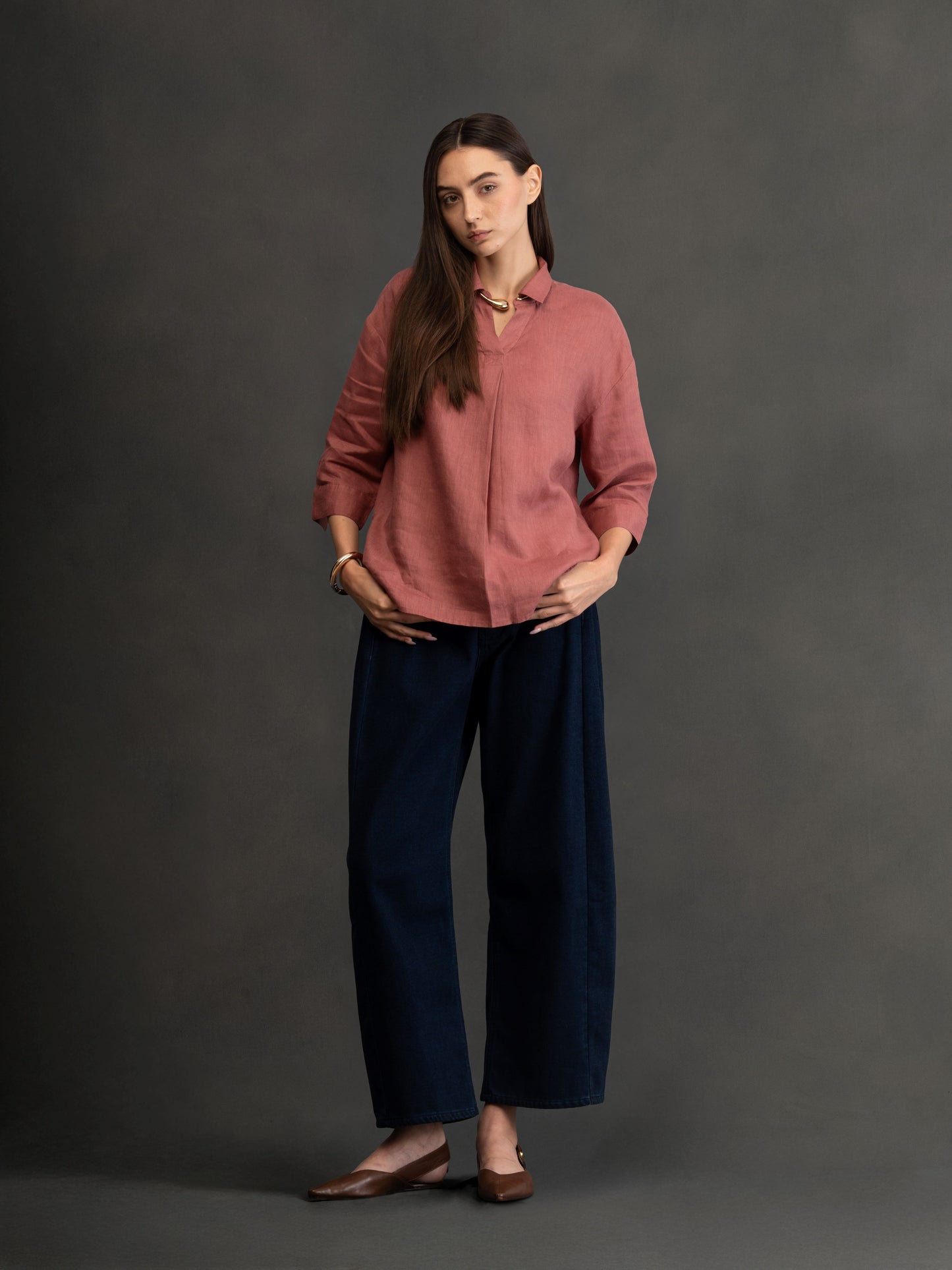 100% European Linen Boxy Popover Shirt - Rust