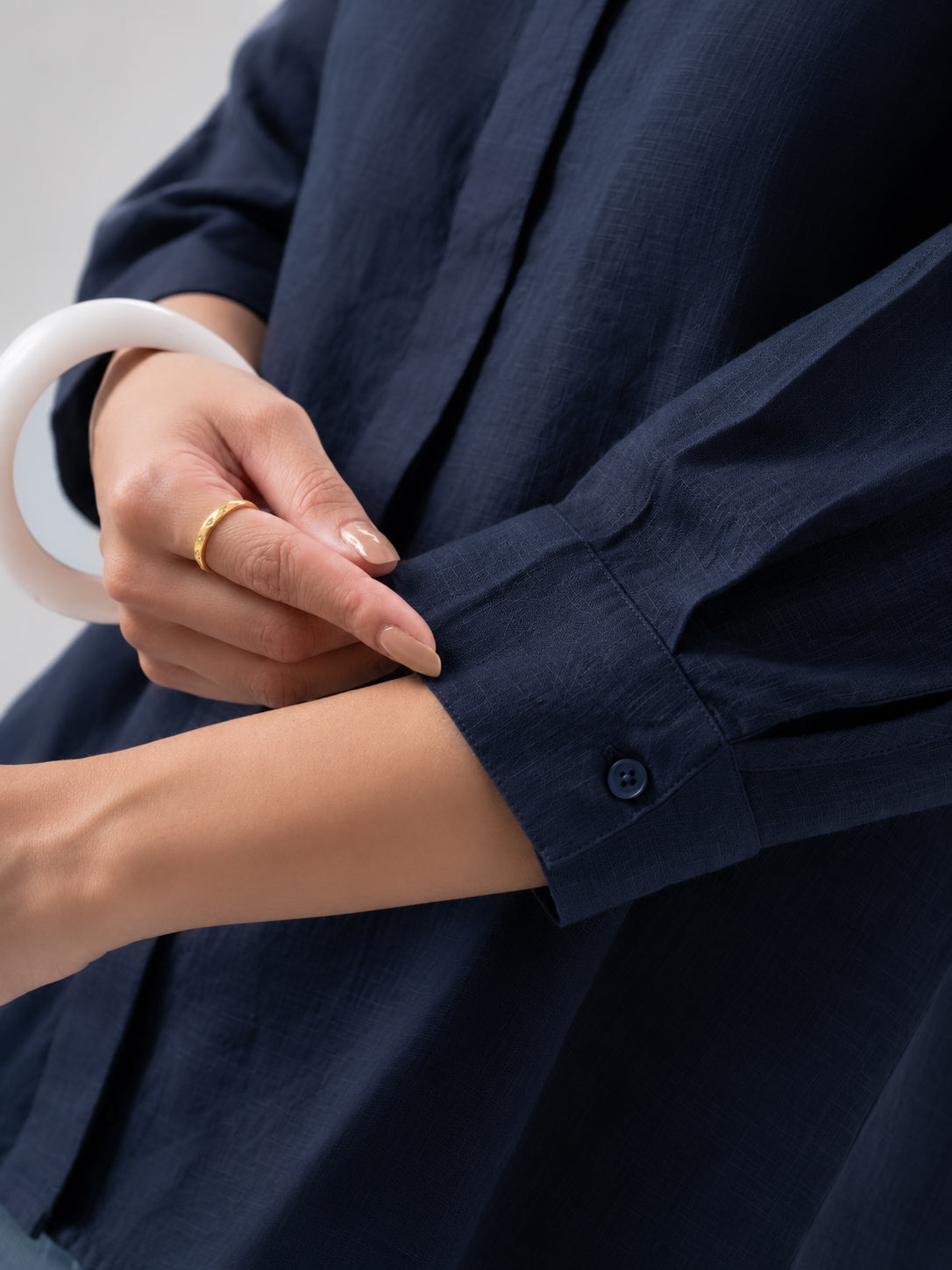 100% European Linen Mandarin Collar 3/4th Sleeve Shirt - Navy